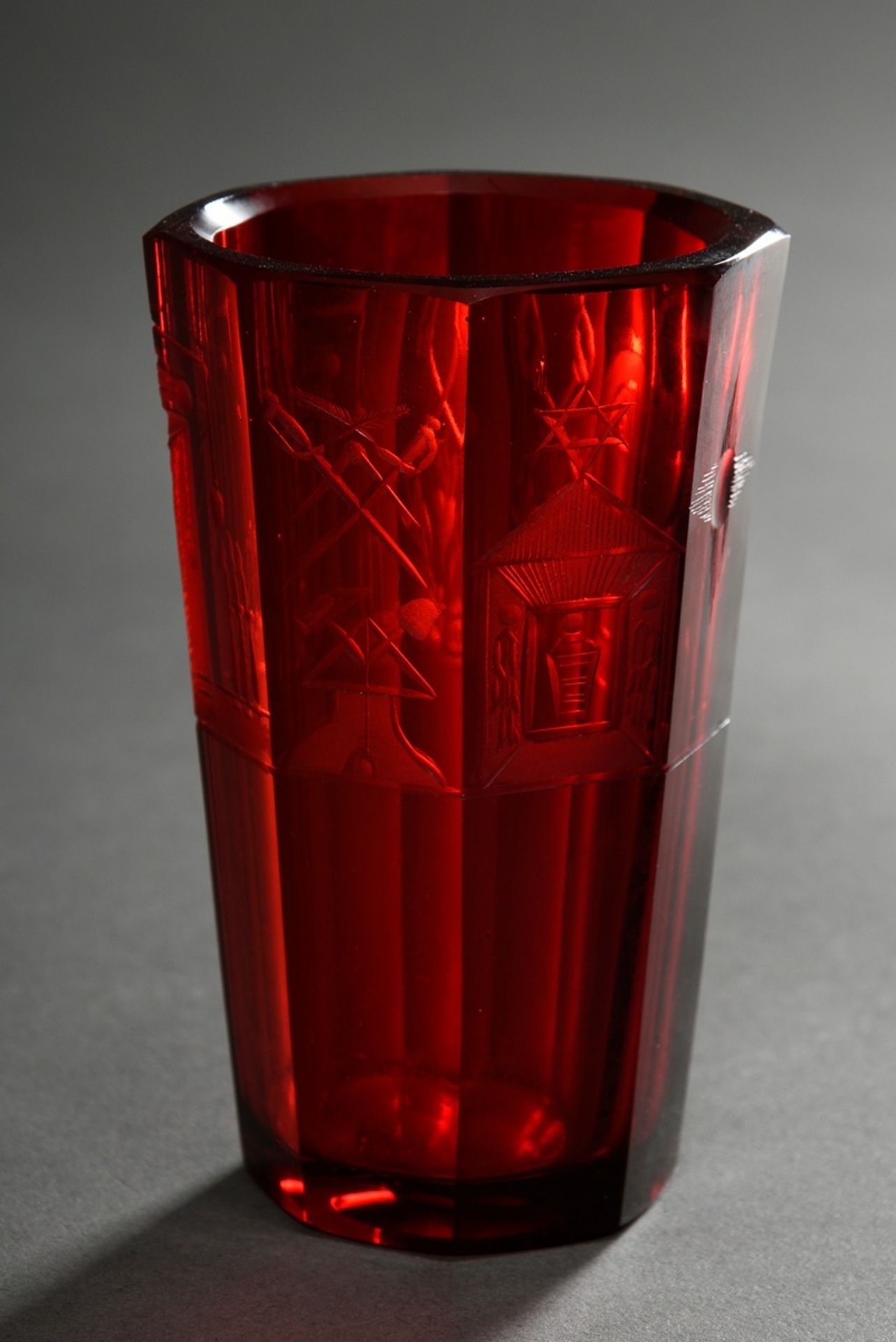 Faceted masonic cup in conical form with deeply cut symbolism, etched ruby red, Bohemia c. 1840/50, - Image 2 of 4