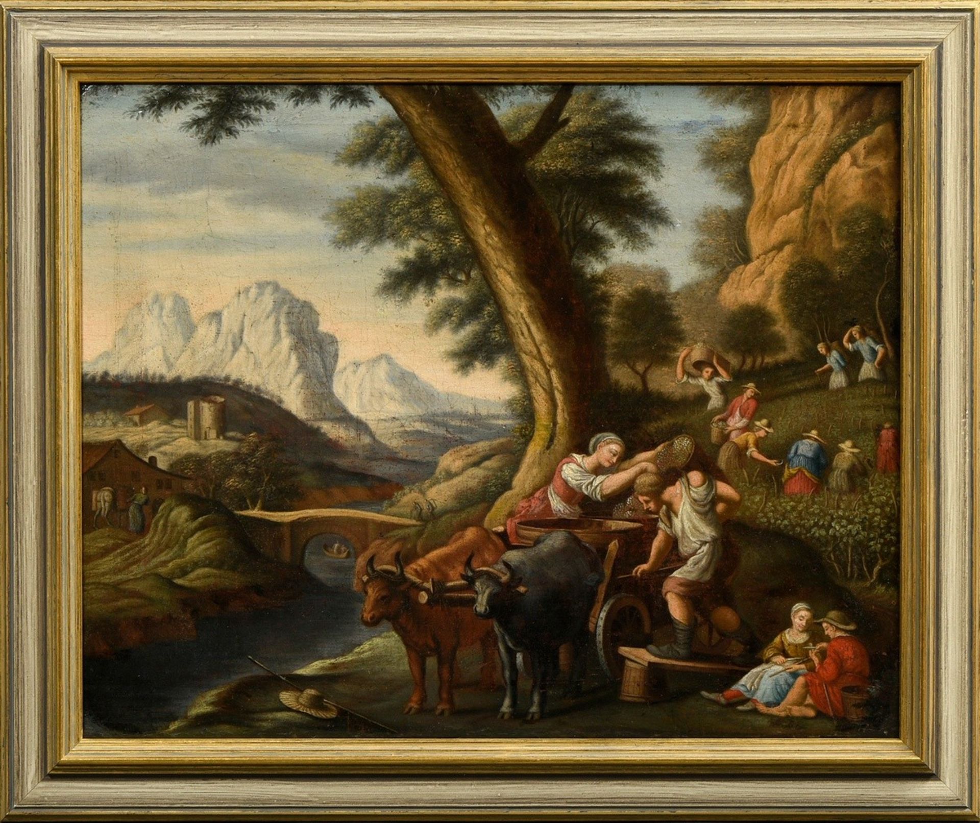 Unknown artist of the 17th/18th c. "Grape harvest", oil/canvas, 39x48,5cm (w.f. 48x57,5cm), craquel - Image 2 of 5
