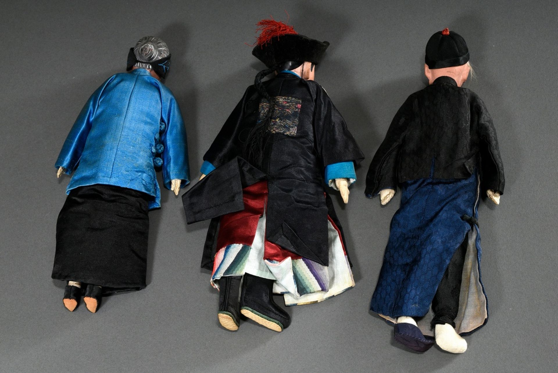 3 Chinese dolls "Mandarin, old man and old woman", cloth body with painted mass heads and partly re - Image 6 of 6