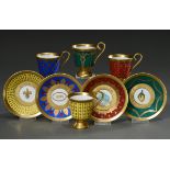 4 Diverse moderne Fabergé Mokkatassen/UT mit ornamentalem Golddekor auf rotem, blauem, gelbem und g
