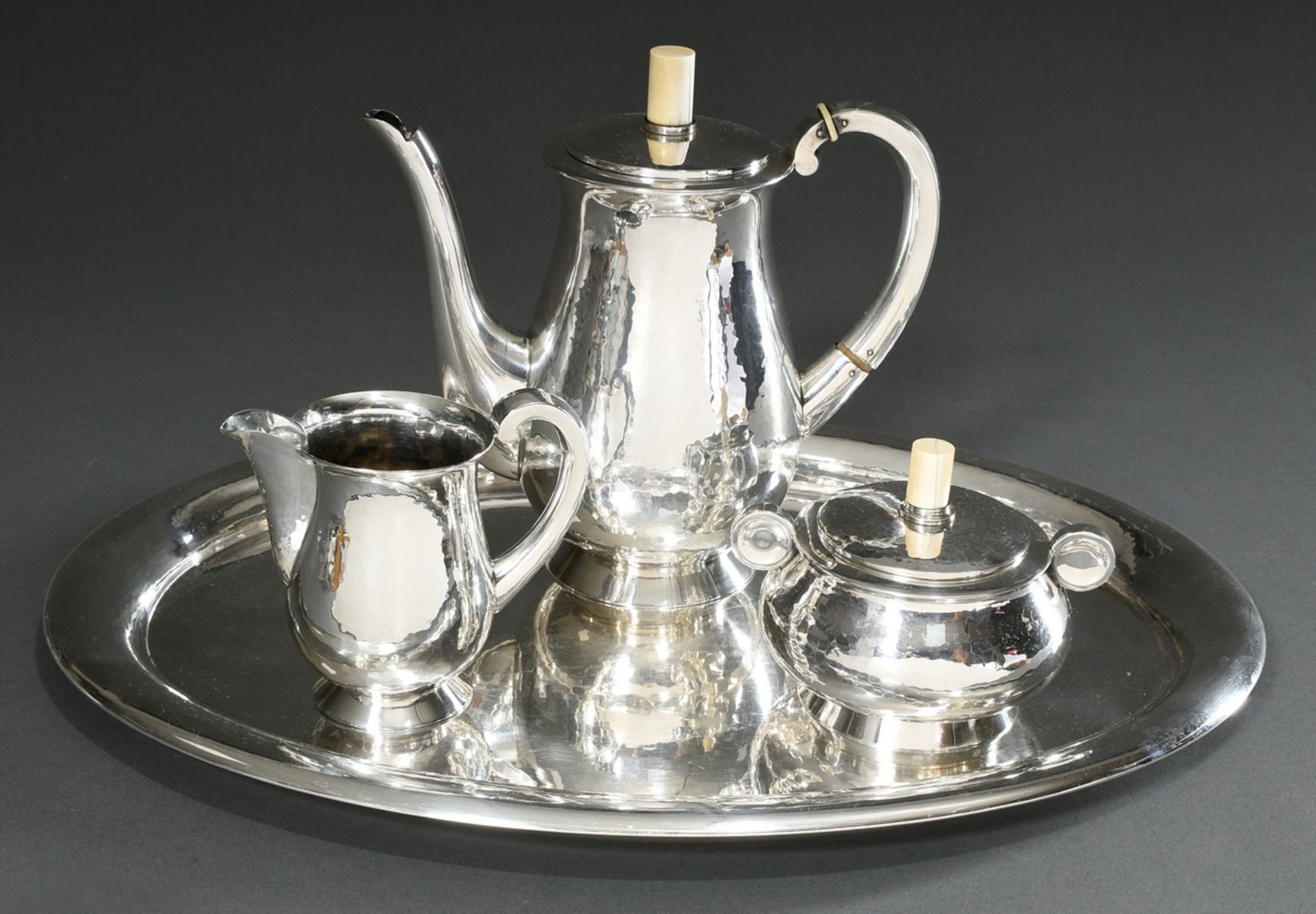 4 piece Midcentury coffee set with martellated walls and cylindrical ivory knobs, Wilhelm T. Binder - Image 2 of 8