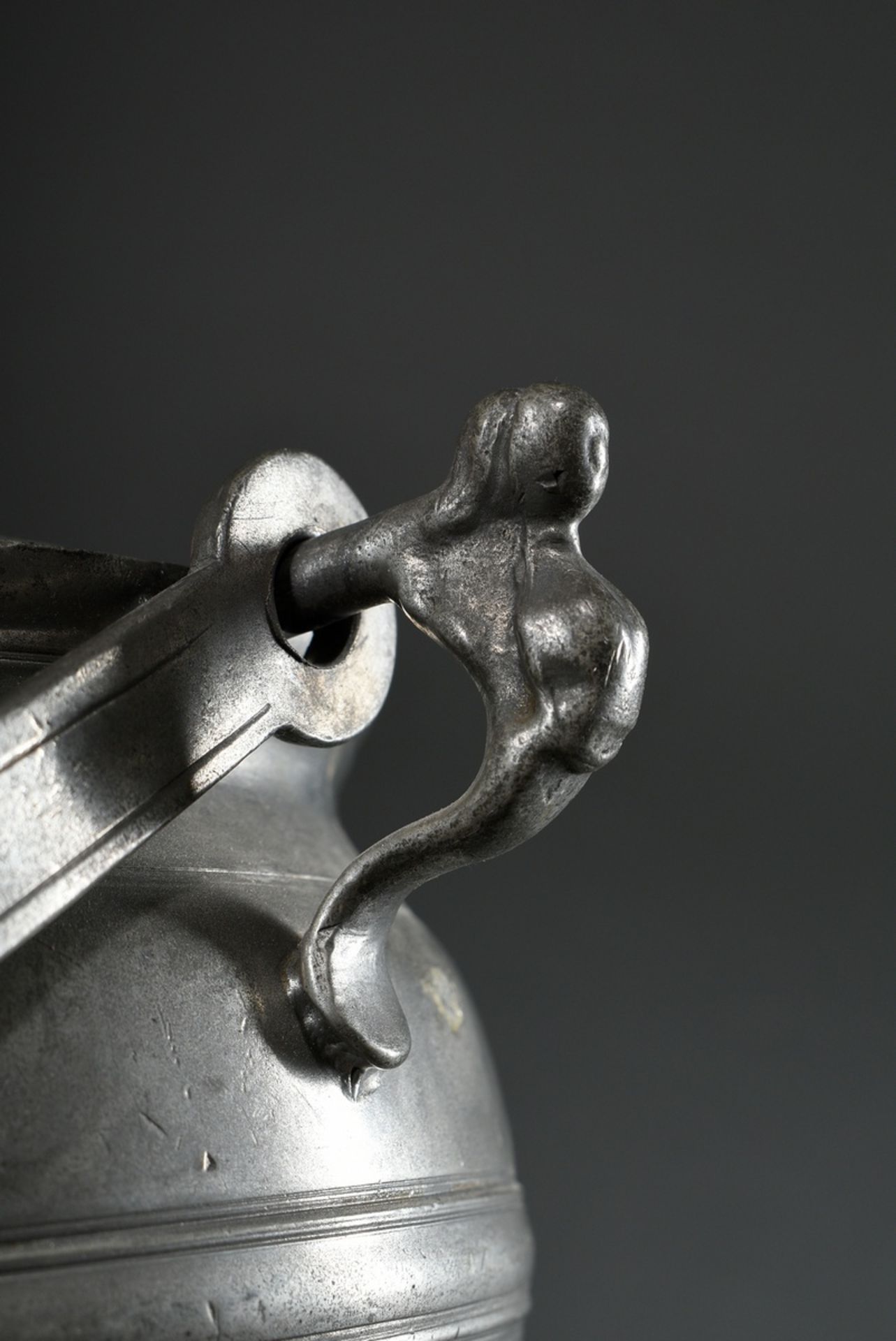 2 Various Lübeck pewter hanging pots with figural handles (food carriers), MZ: Johann Anton Kupffer - Image 6 of 8