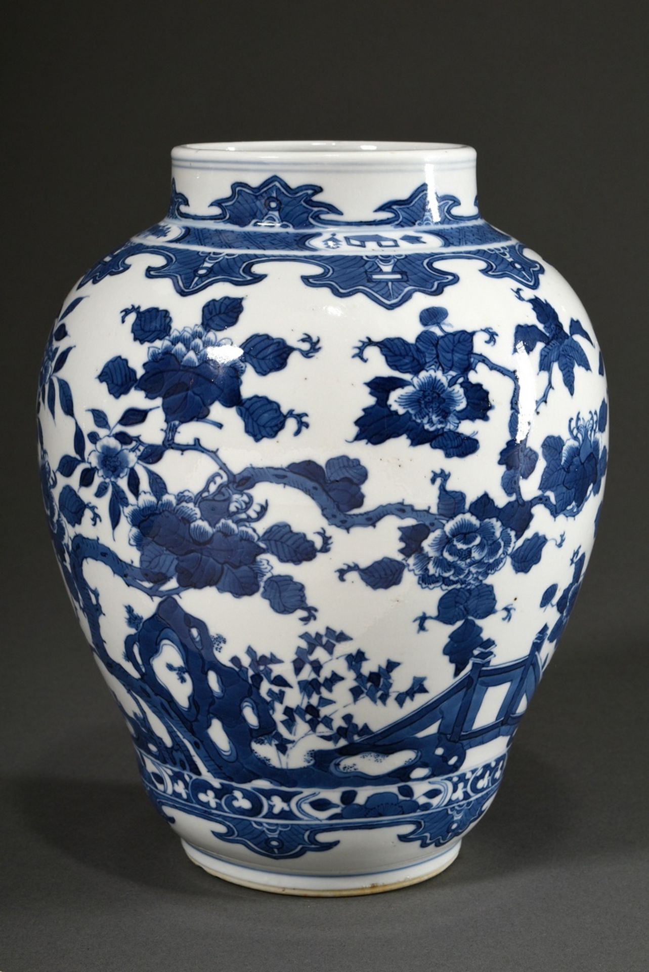 Chinese porcelain baluster vase with fine blue painting decor "Peony Garden", on the shoulder carto - Image 2 of 6