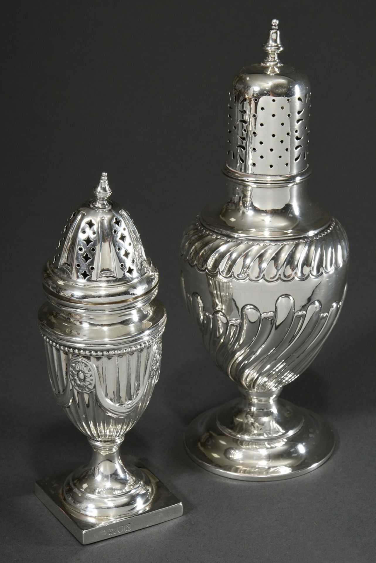 2 Various large shakers in different forms: 1x baluster-shaped with curved features, MM: JMB, 1x va