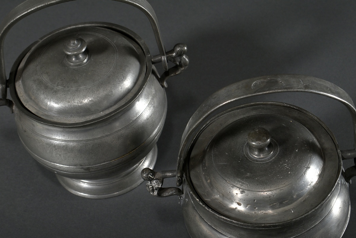 2 Various Lübeck pewter hanging pots with figural handles (food carriers), MZ: Johann Anton Kupffer - Image 2 of 8