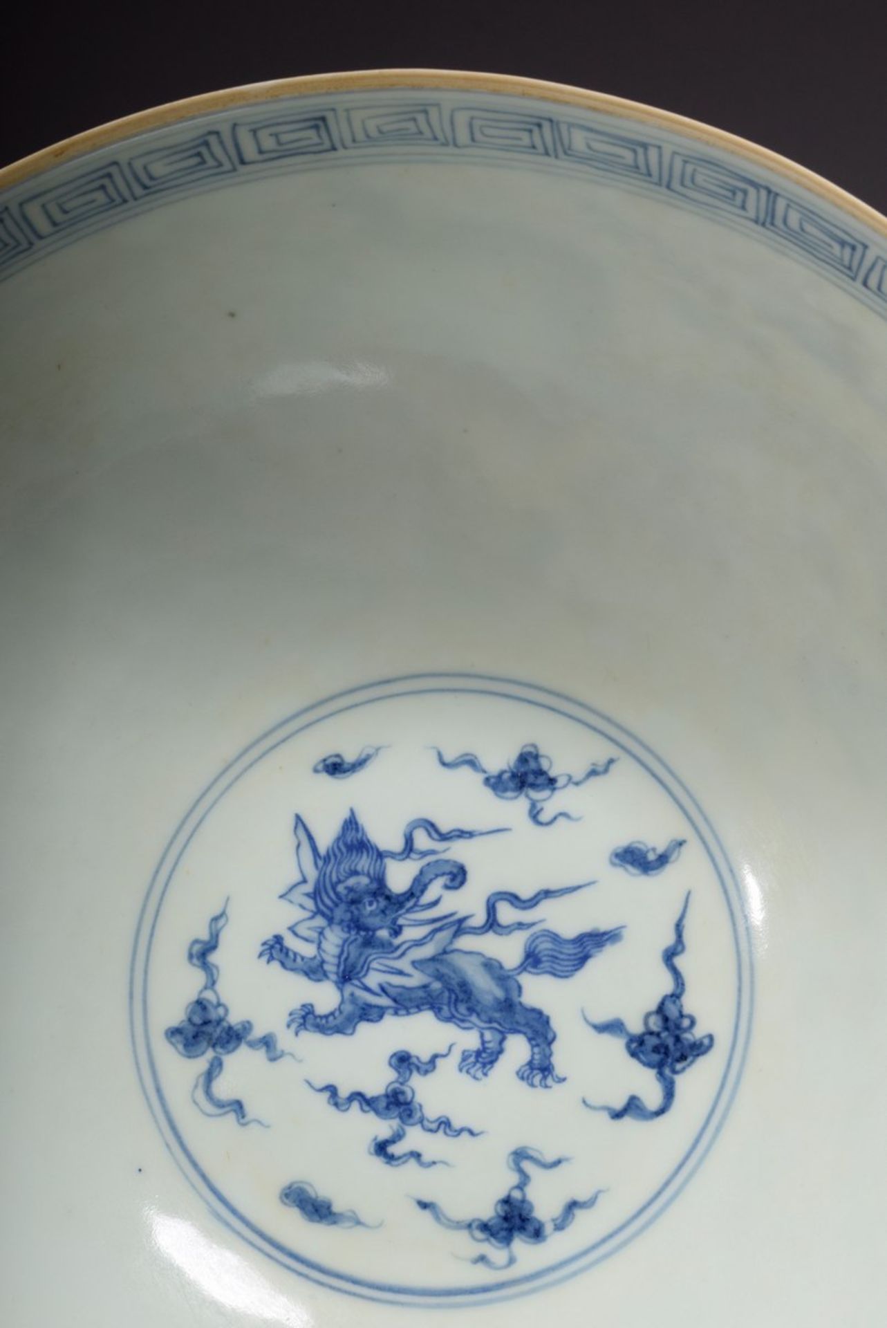 Thin-walled Chinese porcelain bowl with blue painting decor "Cloud Dragon" and "Baku", at the botto - Image 5 of 6