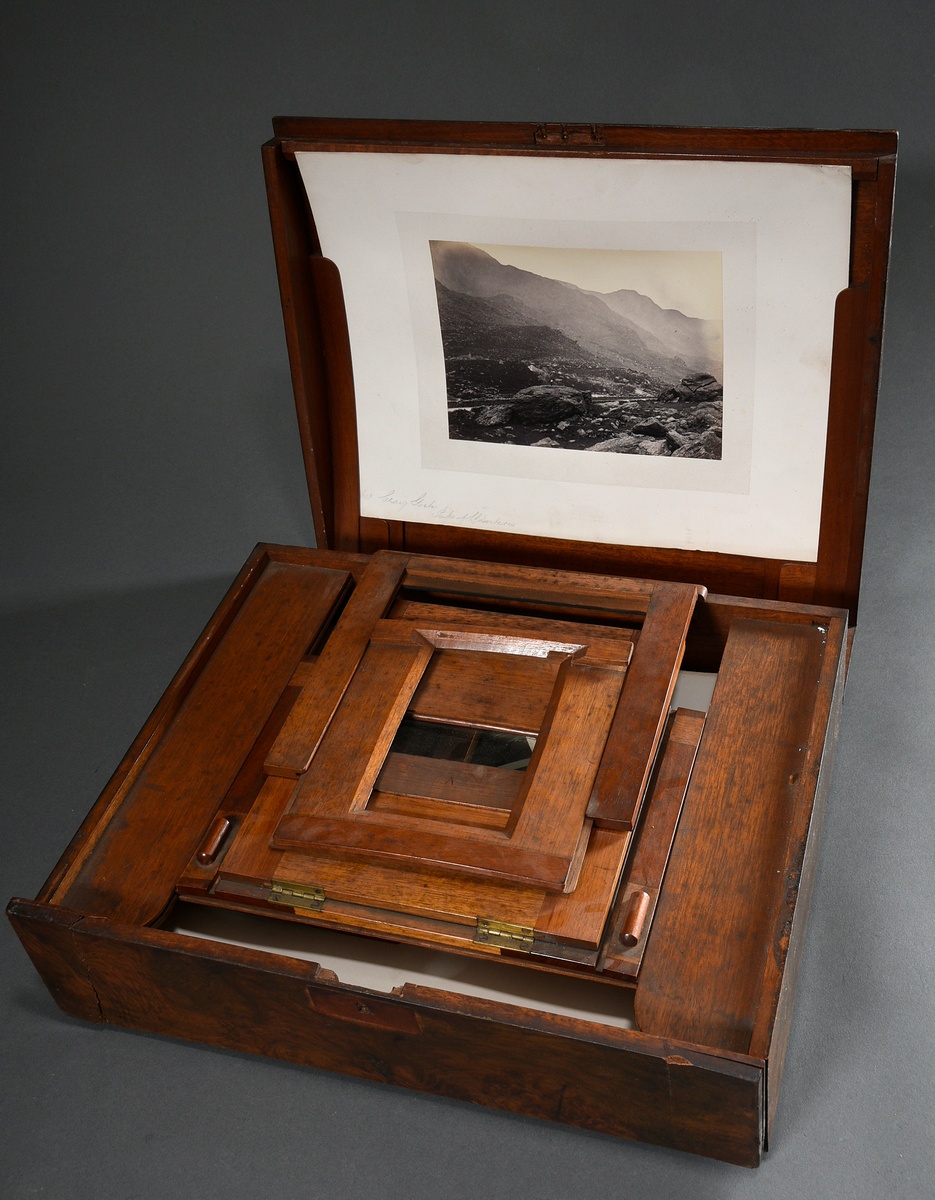 Photo viewer in walnut casket with arched lid and ornamental brass mother-of-pearl inlays, 34 old b - Image 2 of 11