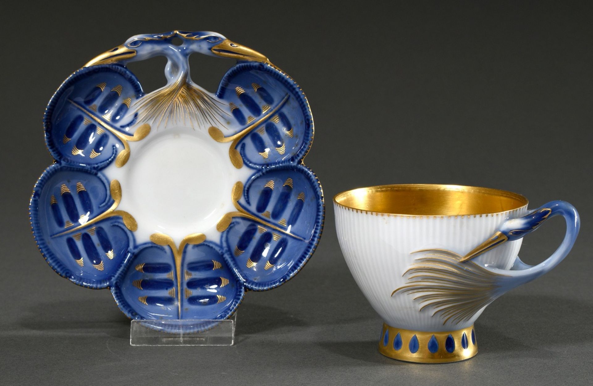 Bing & Gröndahl Jugendstil Mokkatasse aus dem Reiherservice, blau/gold staffiert, H. 7,5cm, Malerma