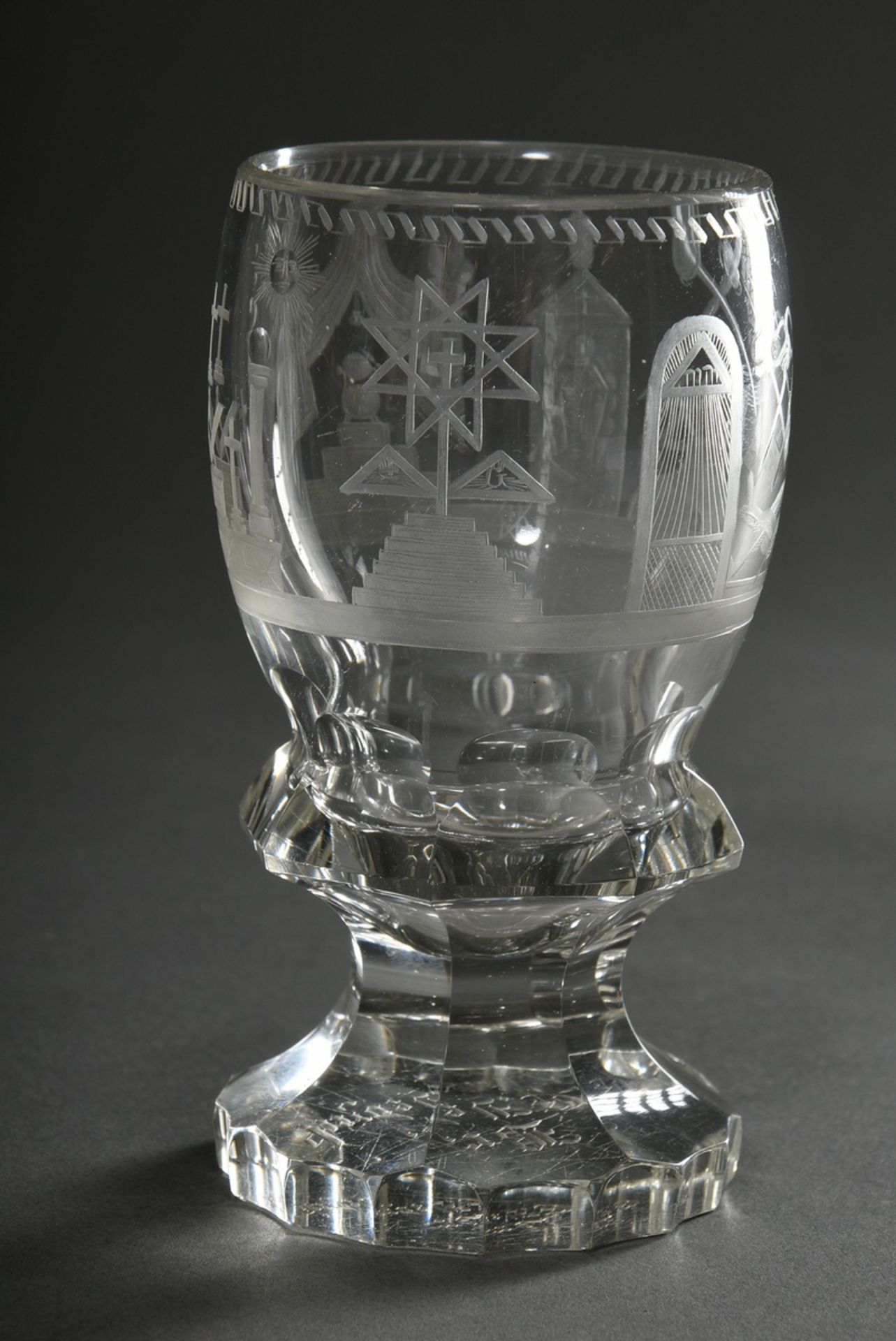 Masonic foot cup with bulbous dome and surrounding, matt-cut symbols, lower waist with 8-pass facet - Image 3 of 6