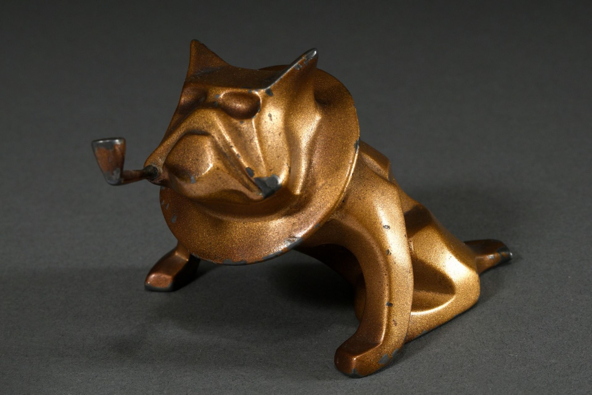 Sculpture "Bulldog with whistle", c. 1920, galvanised zinc casting, partially rubbed, 7.5x12x8.5cm,
