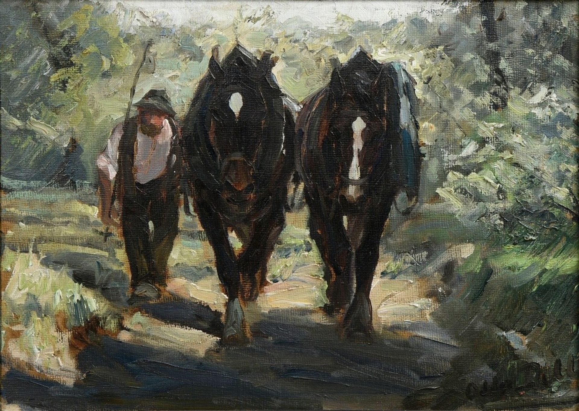 Dill, Otto (1884-1957) "Farmer with Horses" 1915, oil/cardboard, sign. lower right, on the back sid