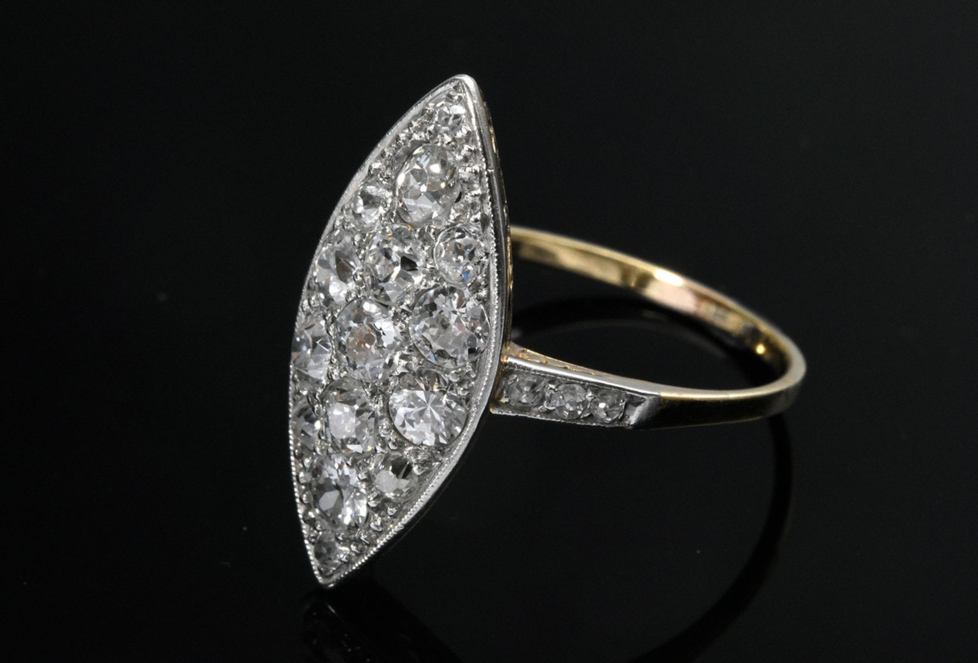 Eleganter platinierter Gelbgold 585 Ring mit Altschliffdiamanten (zus. ca. 1.30ct/VSI-SI/W-TCR), um
