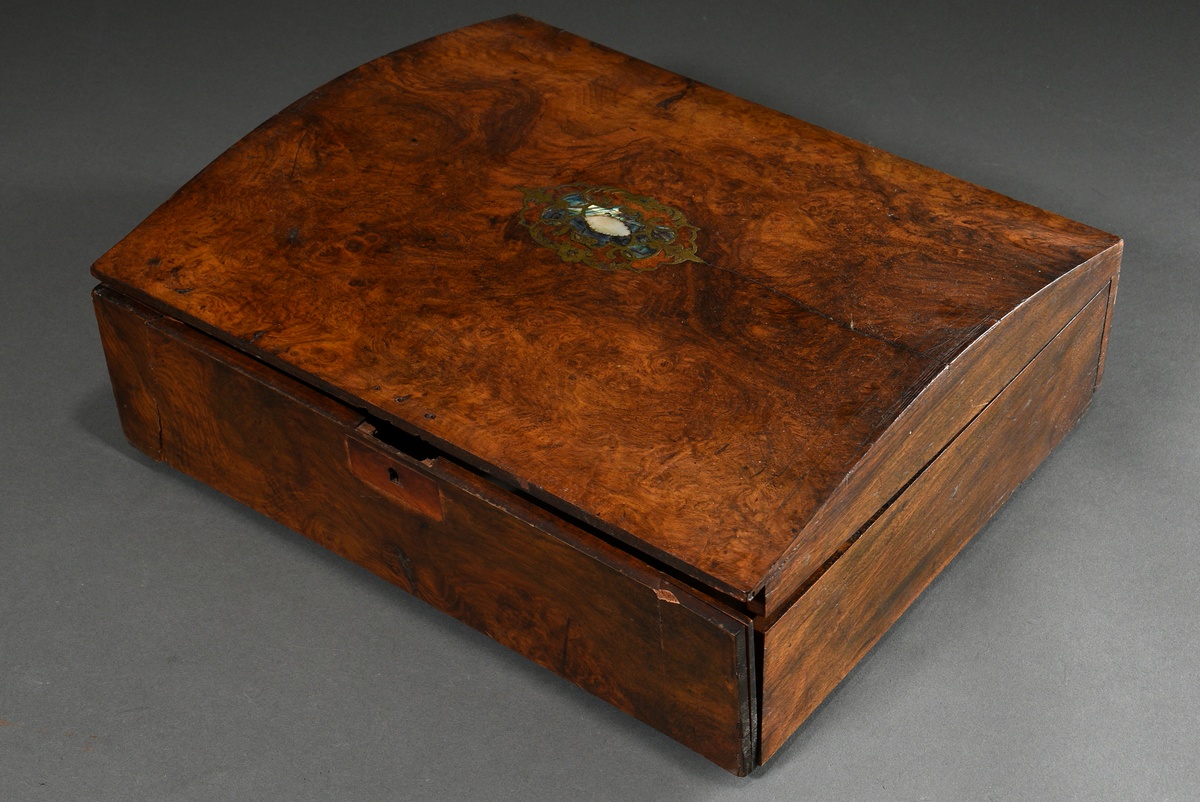 Photo viewer in walnut casket with arched lid and ornamental brass mother-of-pearl inlays, 34 old b - Image 3 of 11