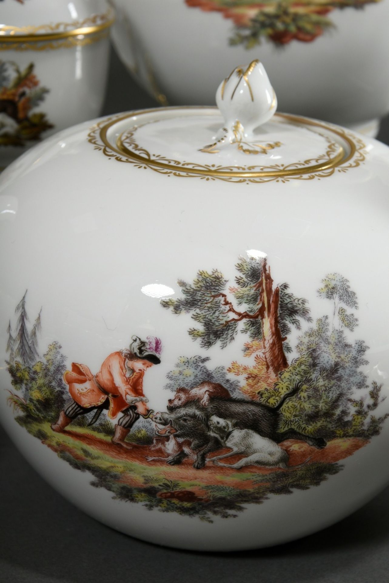 15 piece Meissen coffee service with polychrome flawless painting "Hunting scenes after Ridinger" a - Image 4 of 7