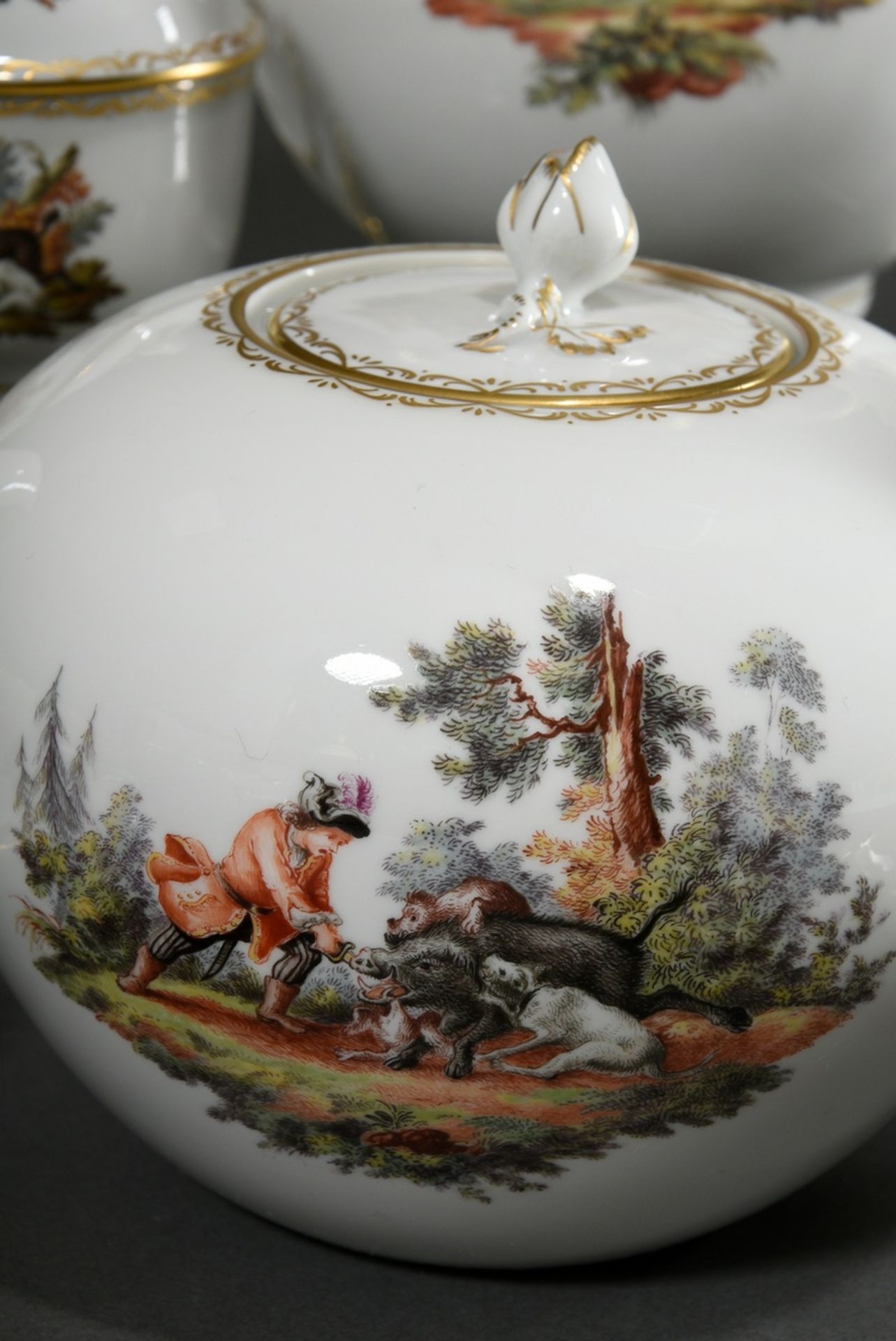 15 Teile Meissen Kaffeeservice mit polychromer lupenfeiner Malerei "Jagdszenen nach Ridinger" und " - Bild 4 aus 7