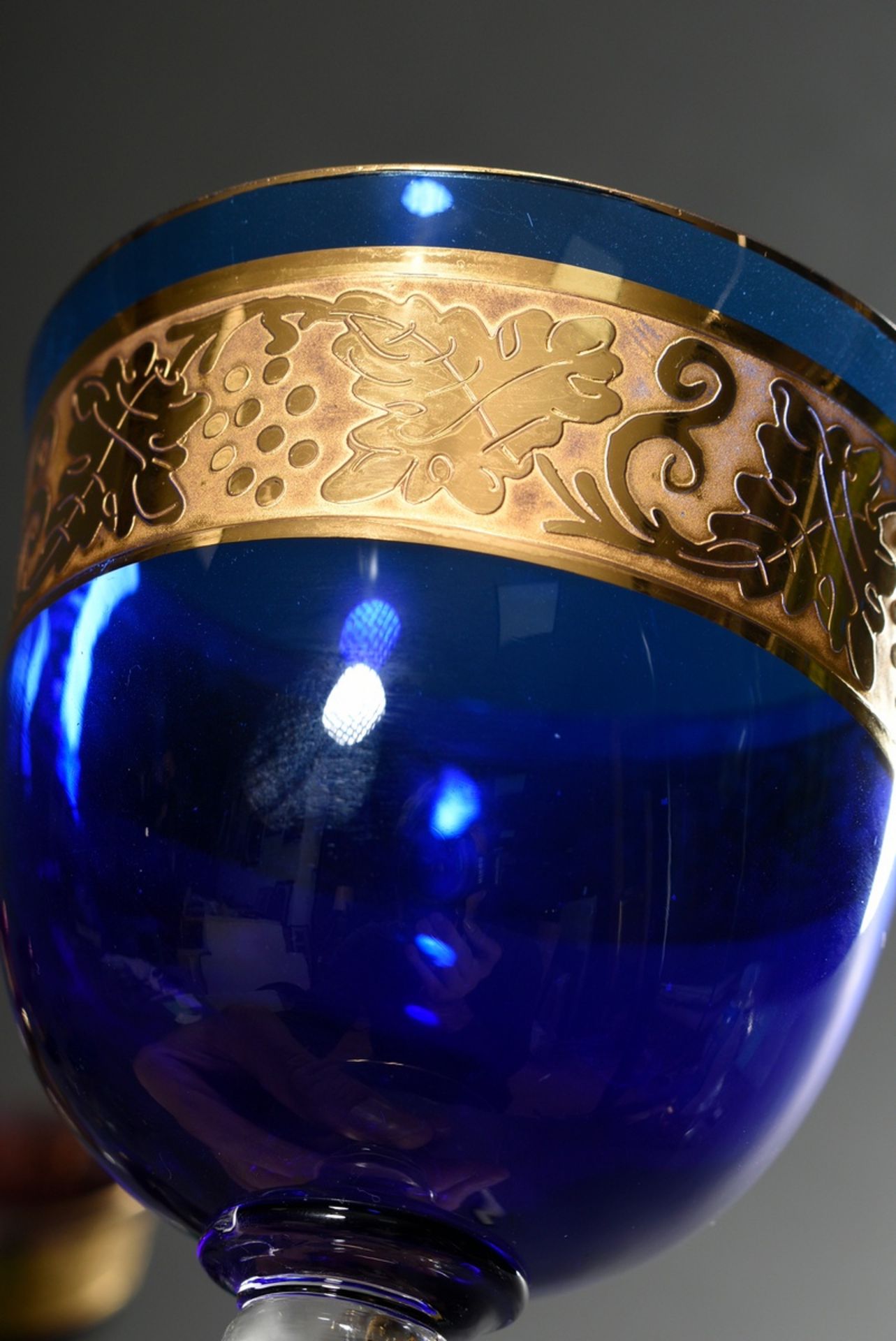 10 Various different coloured glasses with etched and gilded "Weinlaub" frieze over conical ball st - Image 3 of 4