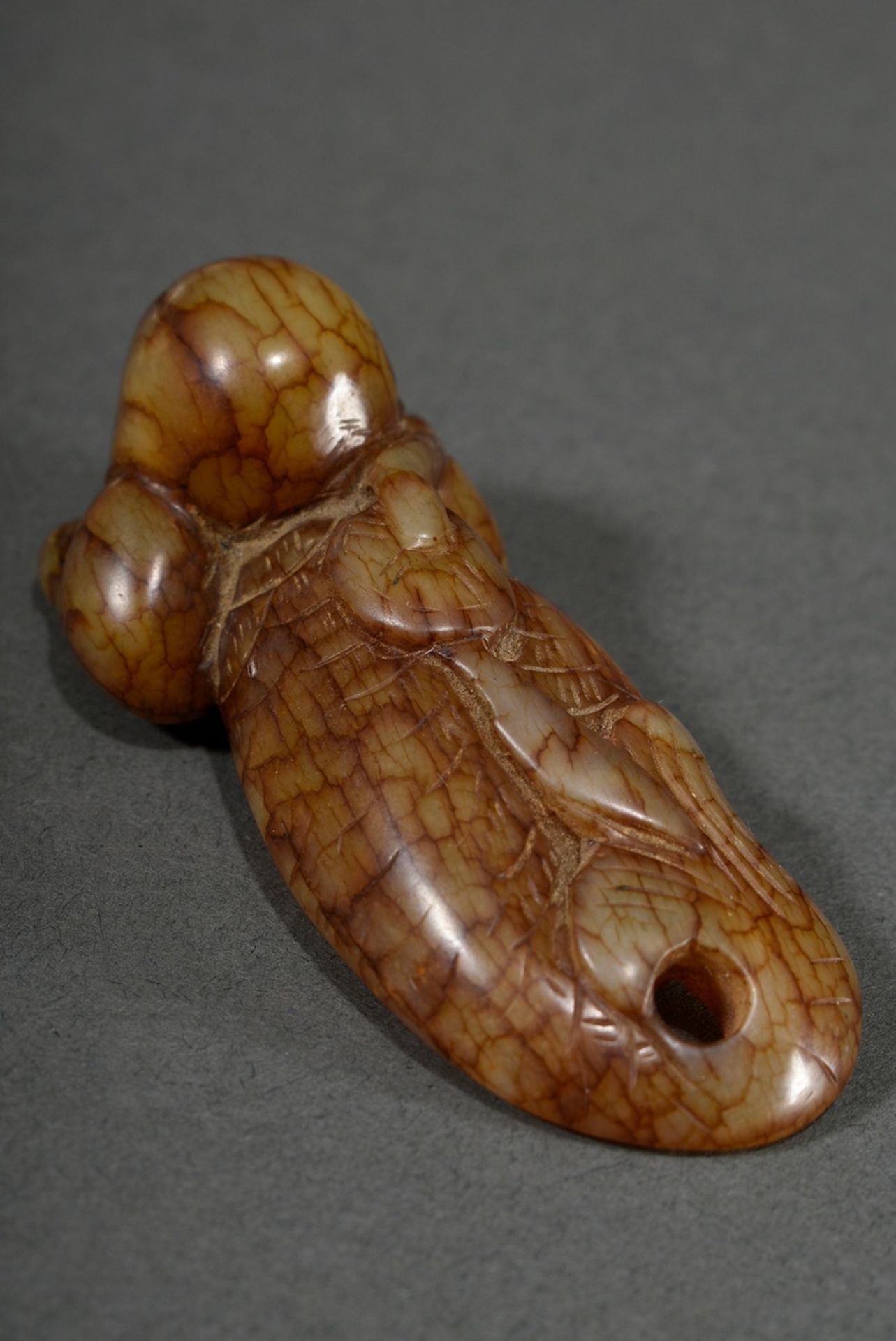 Fine figure of brown veined jade "Lying Mermaid", Ming or later, China, l. 7.5cm - Image 4 of 6