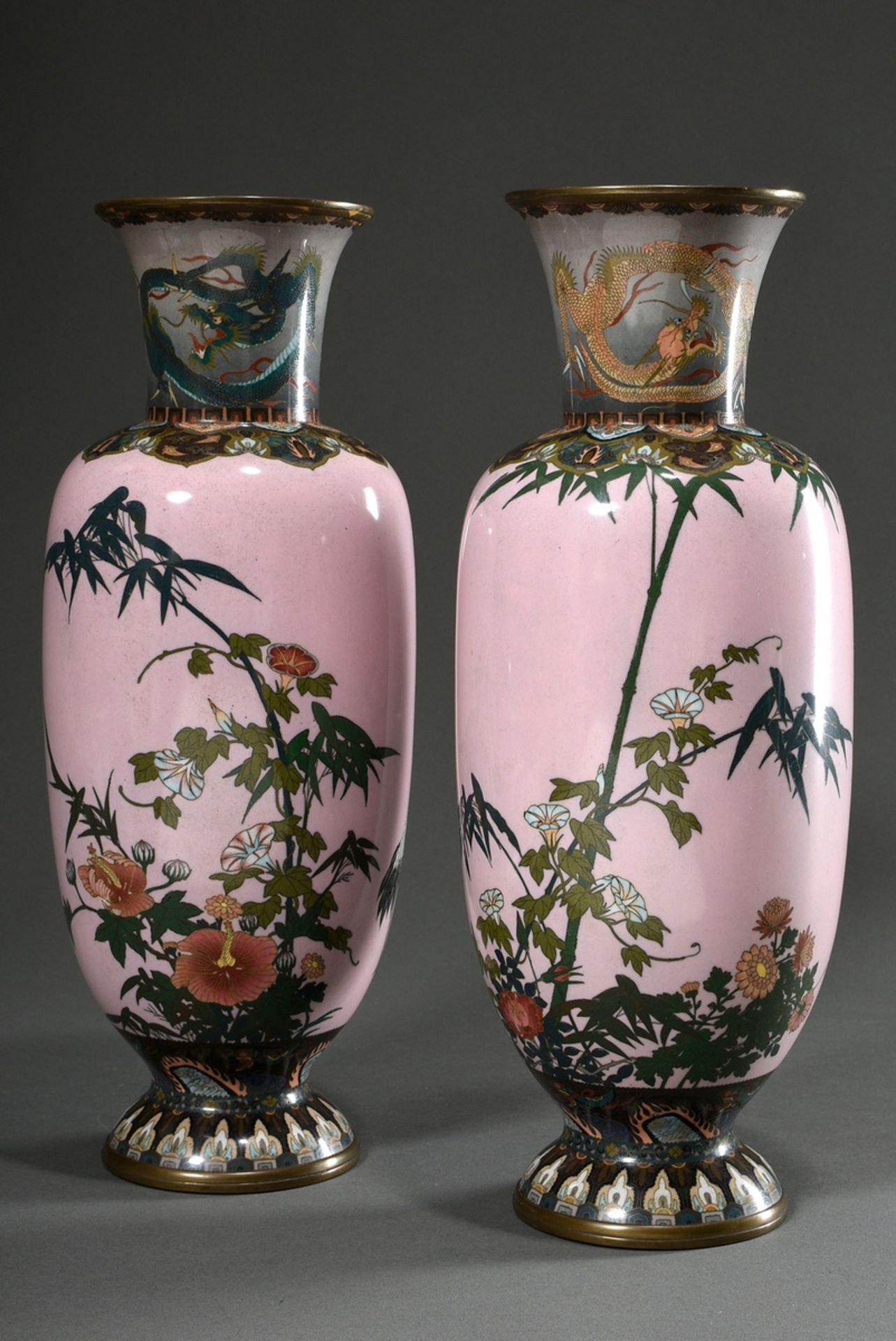 Pair of large cloisonné baluster vases of finest workmanship, projecting neck depicting "Two dragon - Image 2 of 10