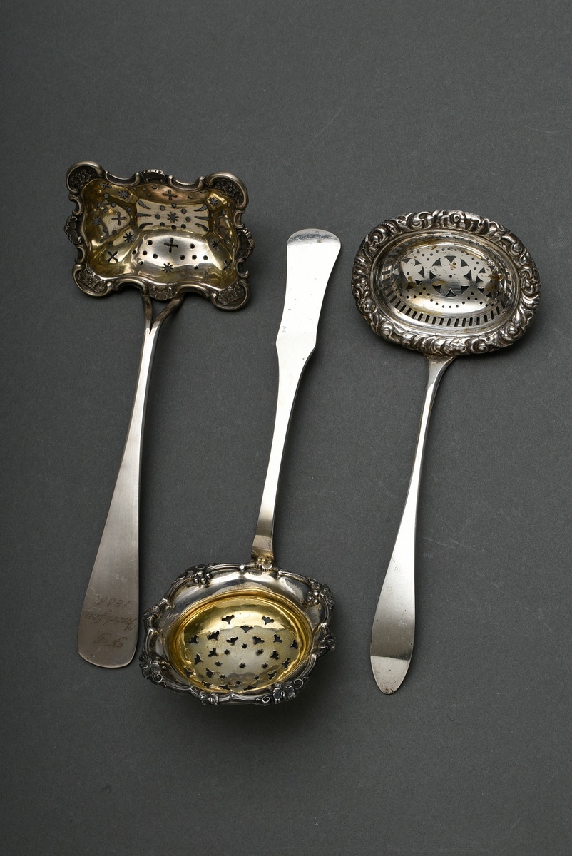 3 Various North German Biedermeier sieve ladles with different floral reliefs, 1x with engraved own - Image 2 of 5