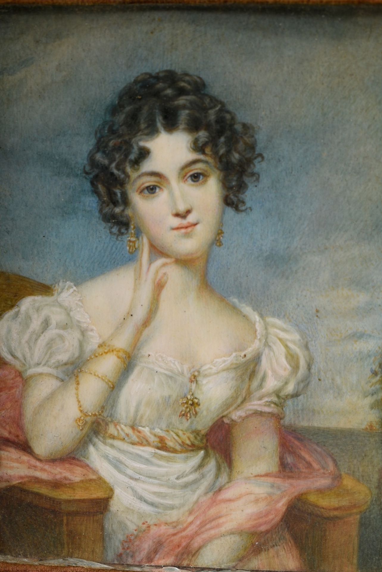 Fine miniature "Young woman in white empire dress with gold jewellery", early 19th century, gouache - Image 2 of 6