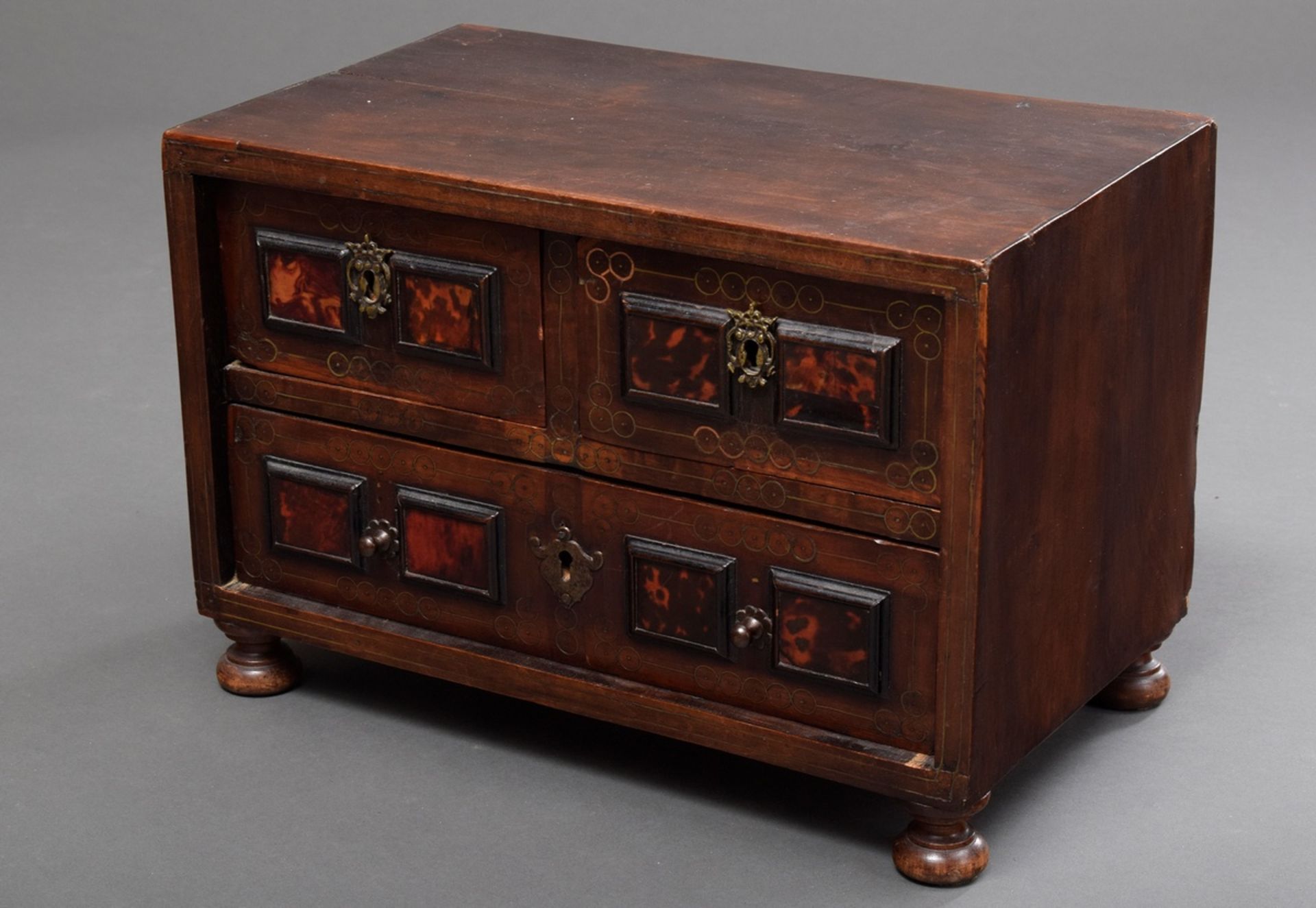 Spanish cabinet with tortoiseshell and brass inlays, walnut veneered on oak, on a table frame with  - Image 2 of 11