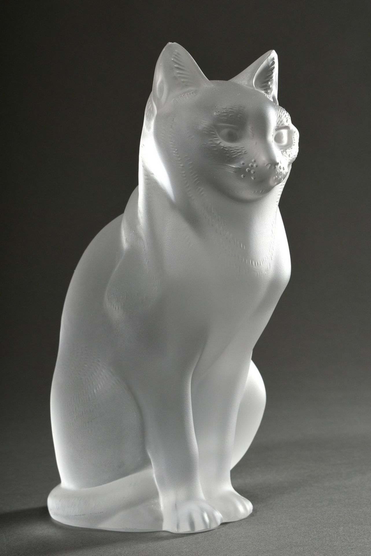 Lalique glass animal "Cat", colourless glass, satined, incised signature, France 20th c., h. 20,8cm