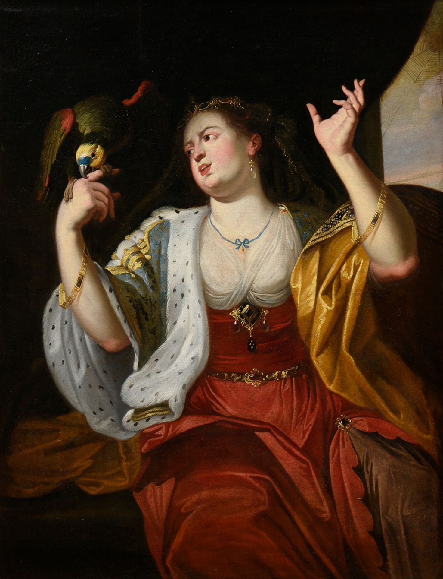 Janssens, Abraham (1575-1632) Schule "Dame mit Papagei - Allegorie der Eitelkeit", Öl/Leinwand, ver