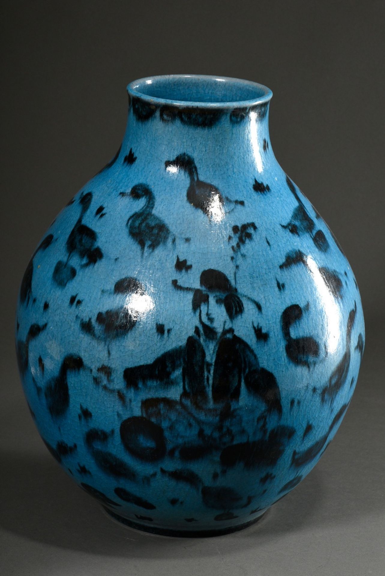 Große Karlsruhe Balustervase "Gänsehirten" in schwarzer Bemalung auf türkiser Flussglasur, um 1935, - Bild 2 aus 8