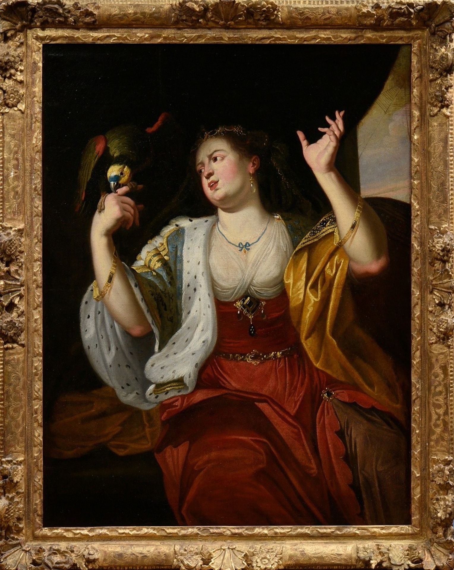 Janssens, Abraham (1575-1632) School "Lady with Parrot - Allegory of Vanity", oil/canvas, inscr. on - Image 2 of 13