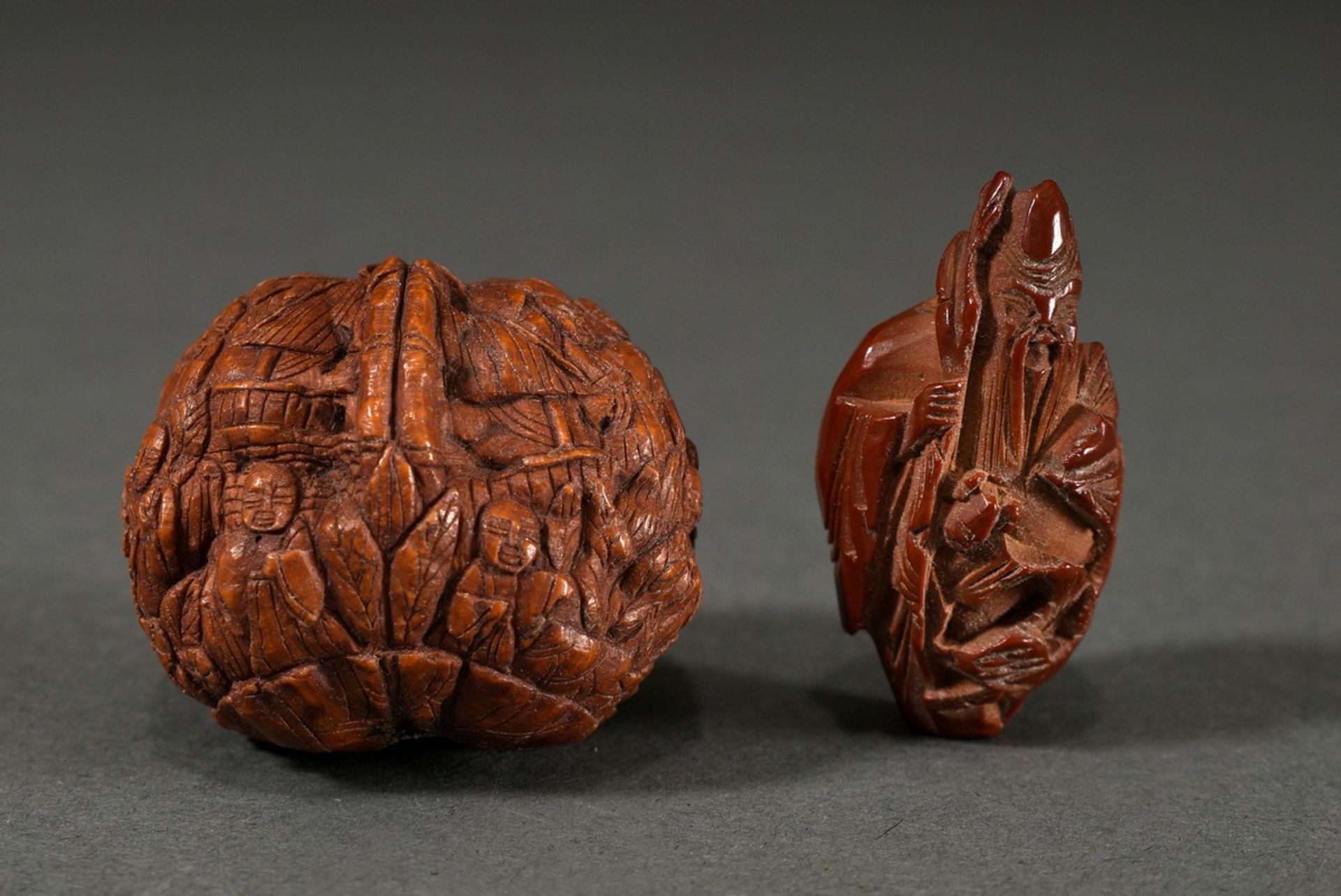 2 Various pieces walnut and core, finely carved "Monks and Shoulao", pierced, China, Qing Dynasty,