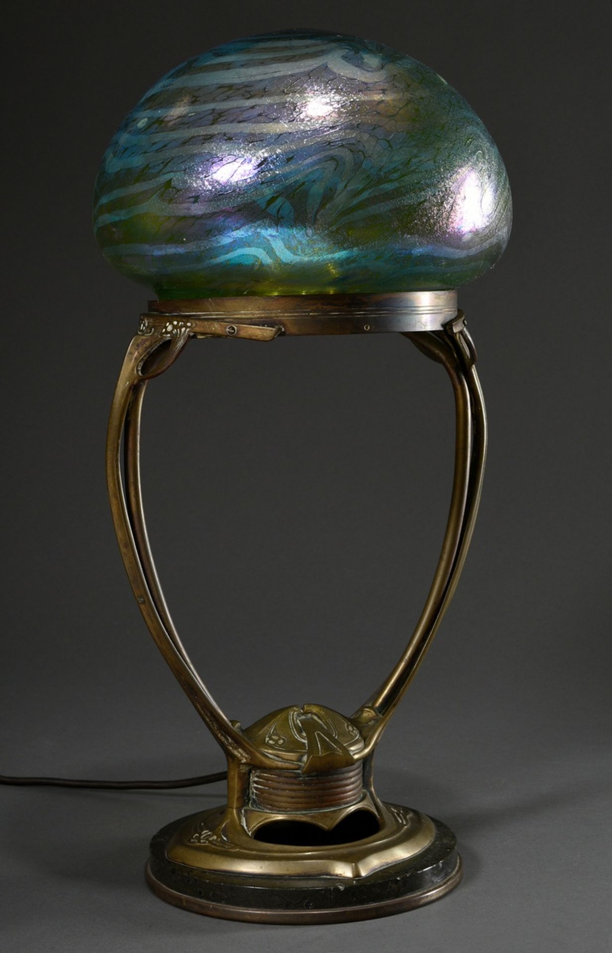 Art Nouveau table lamp on a vegetal yellow cast iron base with iridescent glass dome made by Otto T - Image 2 of 7