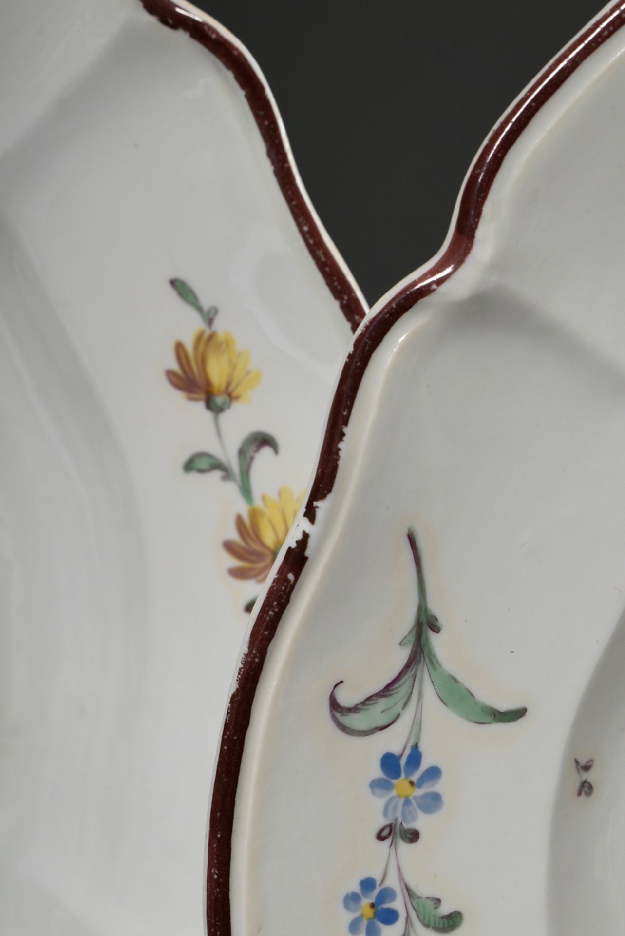 2 Antique porcelain plates with polychrome floral painting and brown rim, 18th century, bottom with - Image 6 of 6