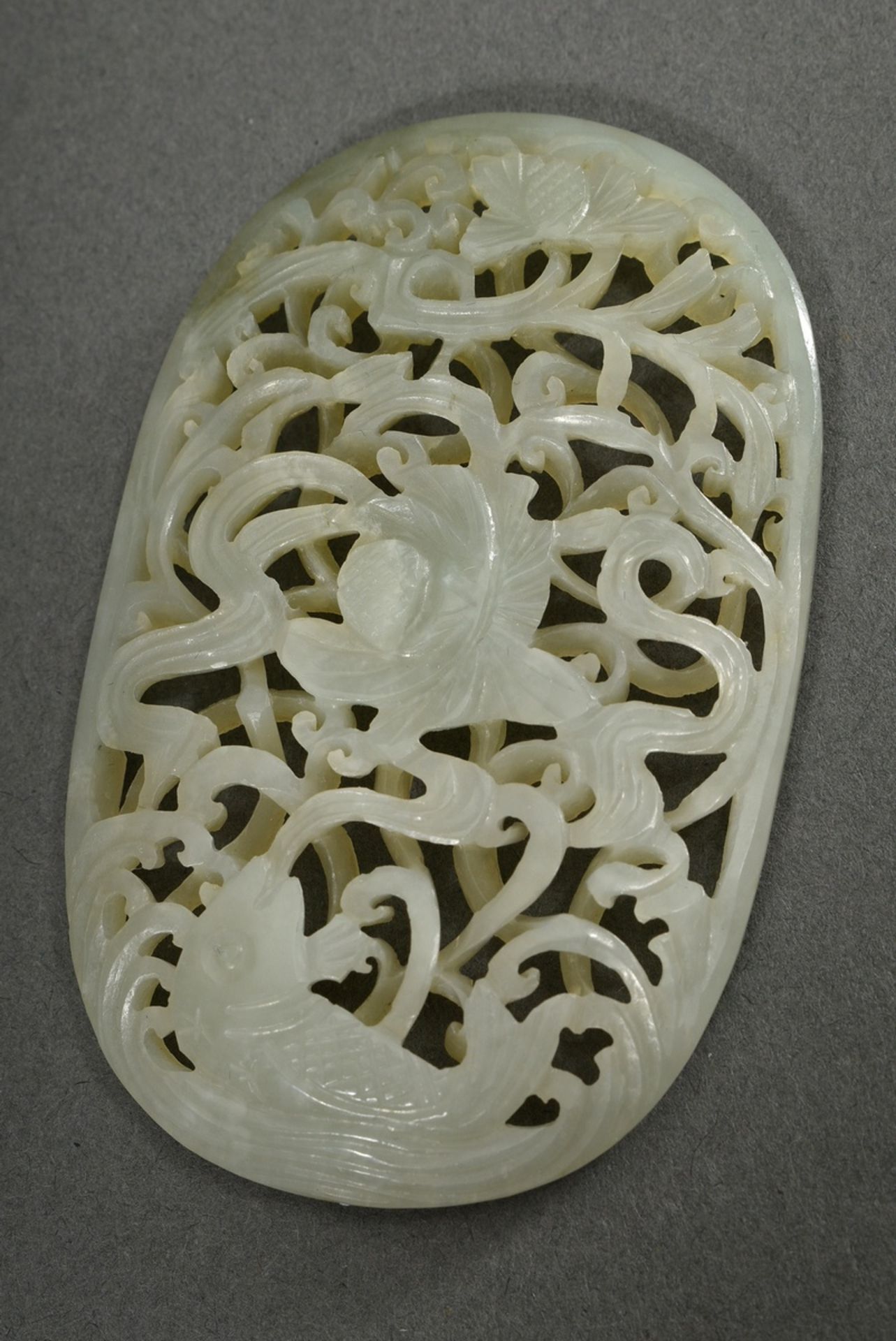 Elliptical celadonjade badge in Ming style "Carp in lotus pond" in very fine carving on two levels, - Image 7 of 7