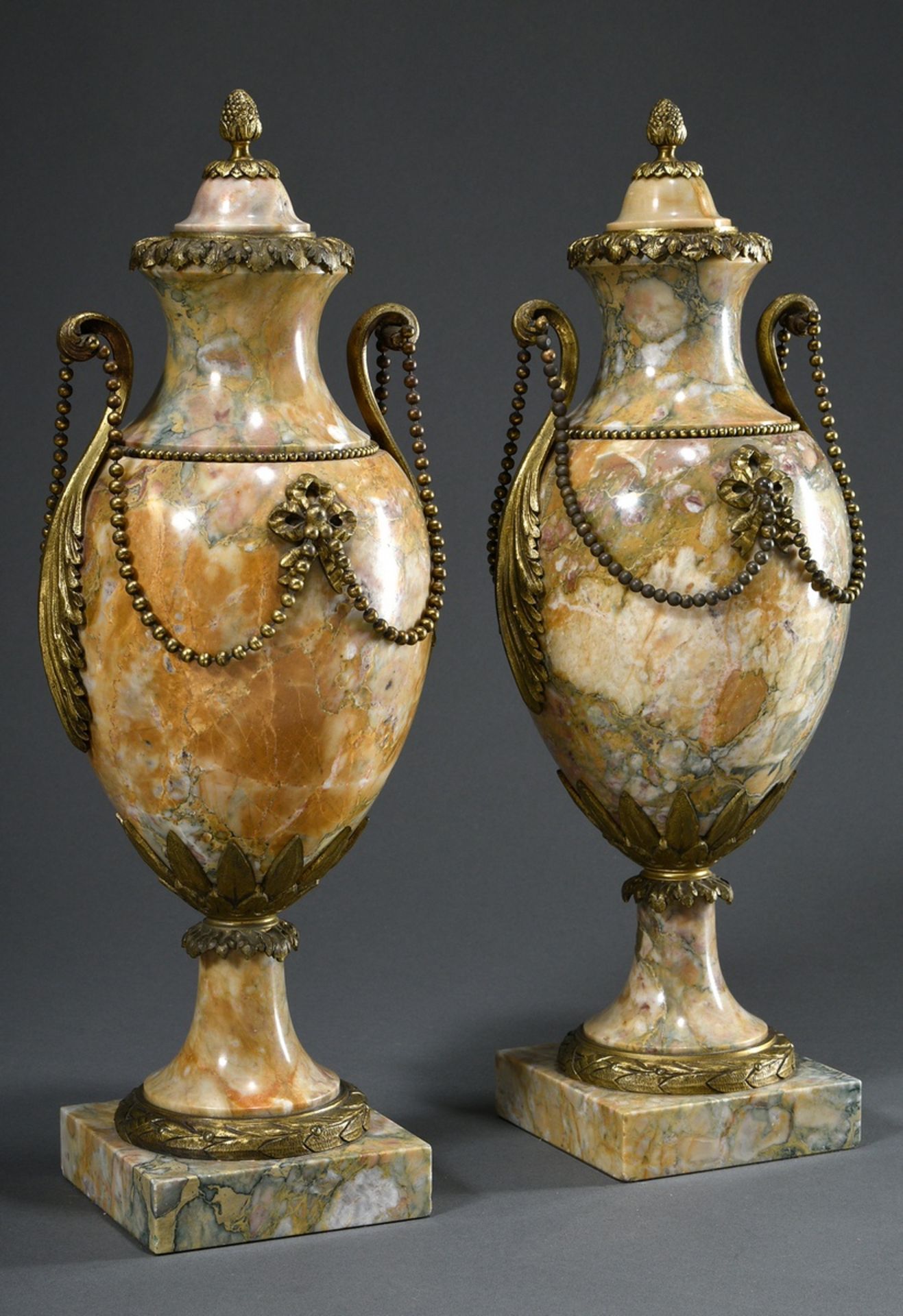 Pair of Louis XVI style fireplace vases, Giallo Antico marble with fine fire-gilt bronze mounting a - Image 2 of 9