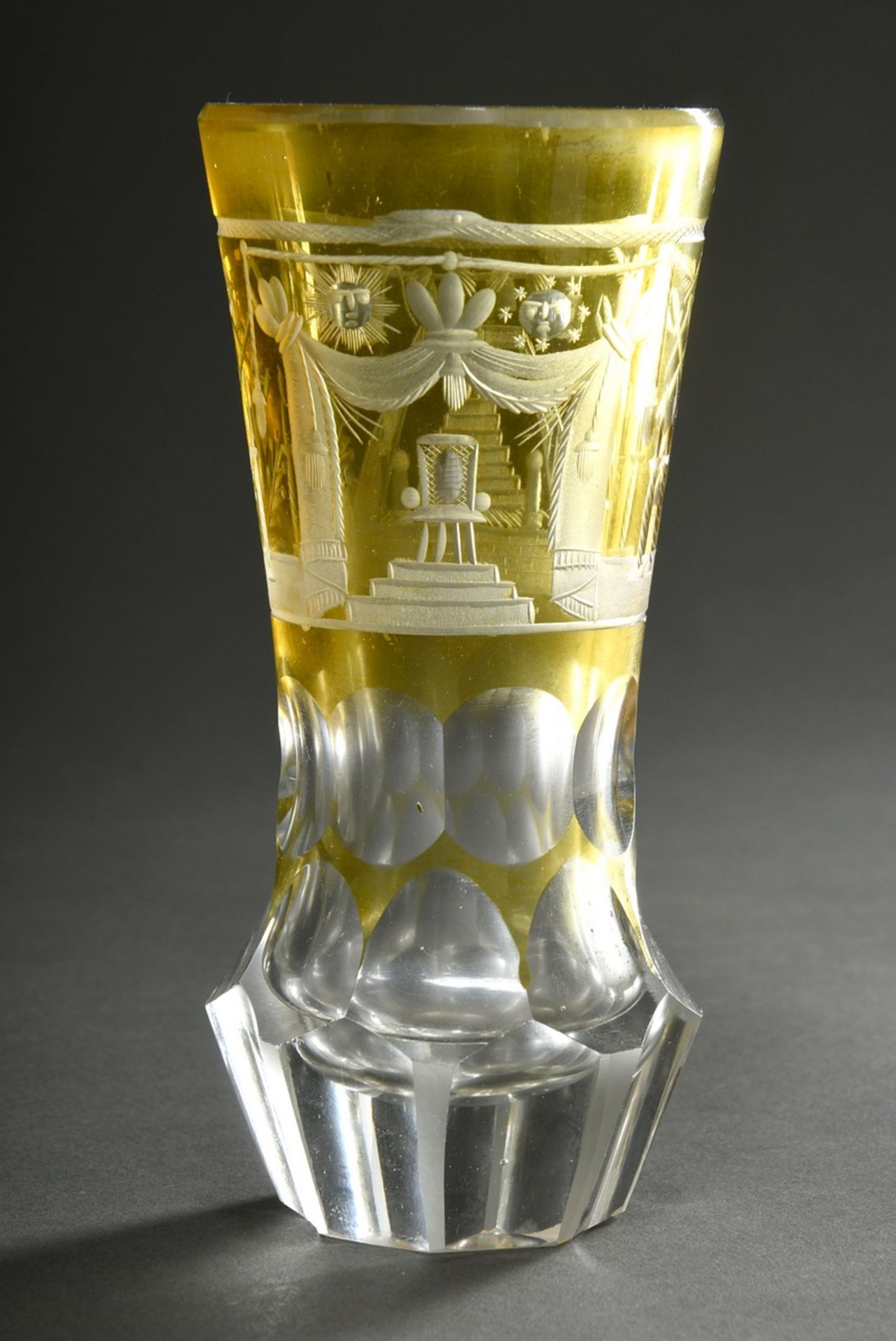 Heavy Masonic glass with yellow etched dome, rich facet cut and conical foot, Bohemia c. 1850/60, h