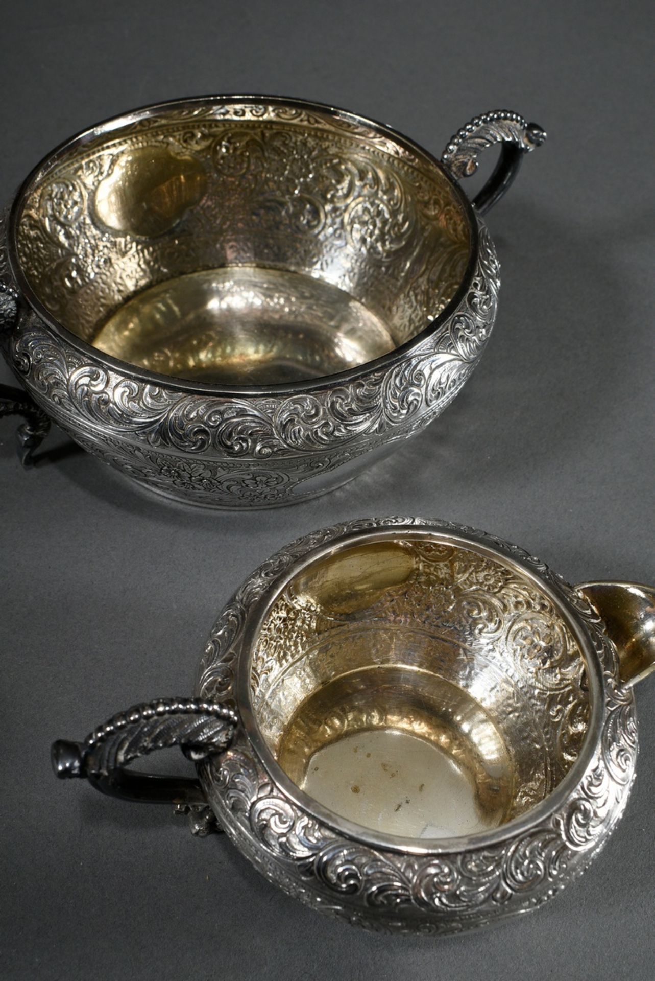 3 Pieces English tea set with rich floral-ornamental engraving after oriental model, Mappin & Webb/ - Image 3 of 10
