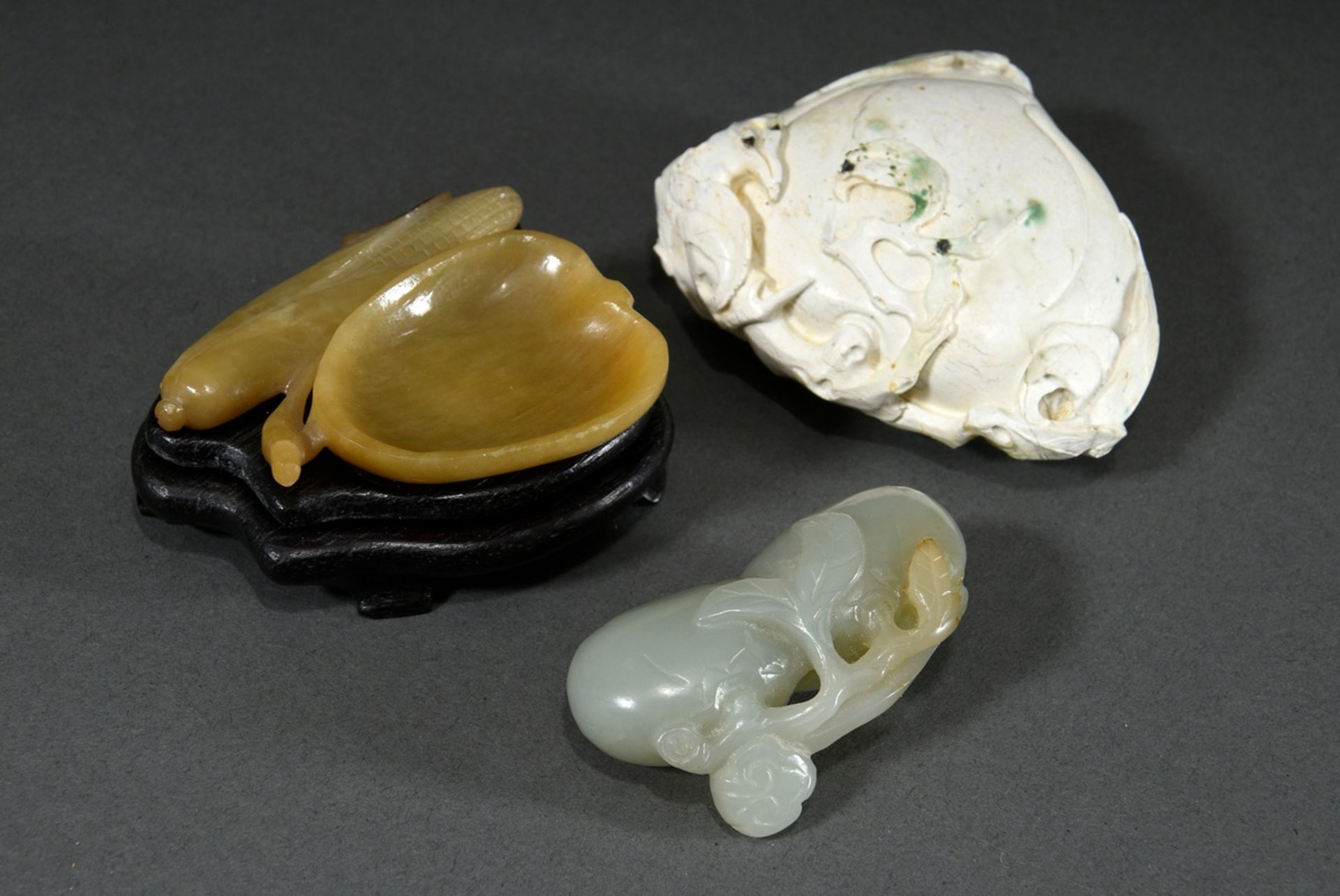 3 Various stone carvings: beige jade brush wash "Pumpkin shell and corncob" on wooden base (7x5.5x1