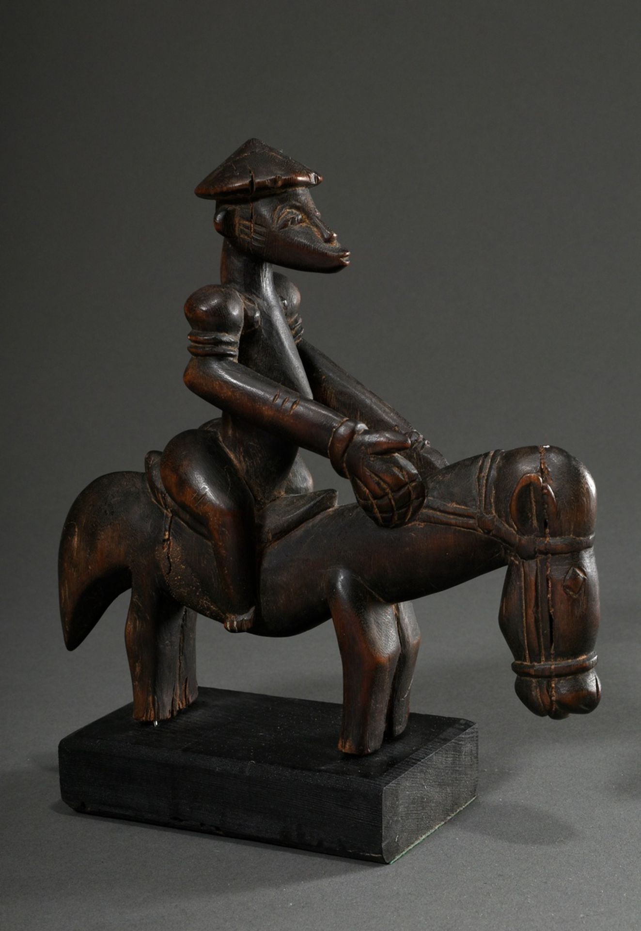 Equestrian statuette of a muscular figure with pointed headgear and scarification marks on the body - Image 2 of 3
