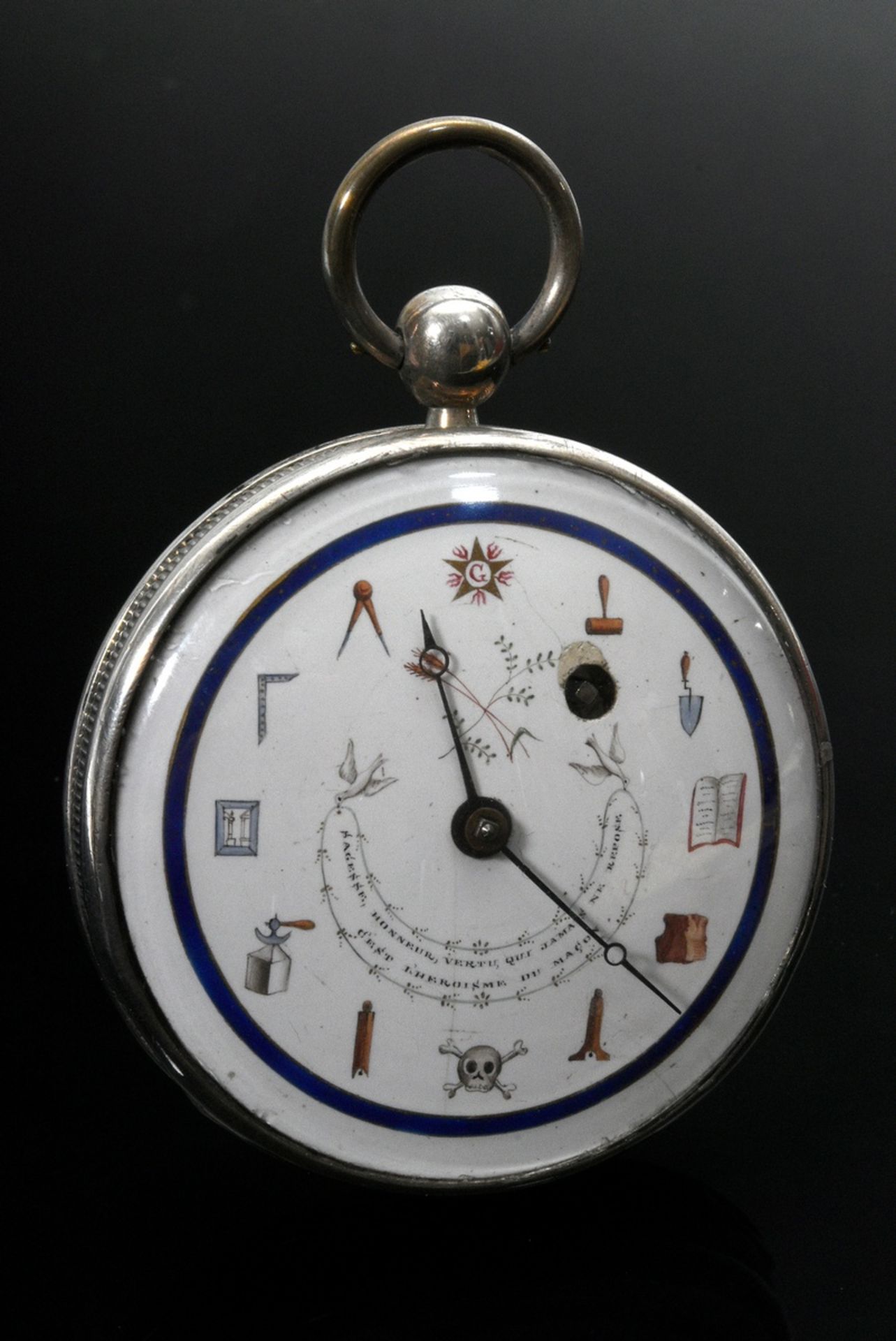 Masonic silver spindle clock, white enamel dial with symbols as indices and inscription "SAGESSE HO - Image 7 of 8