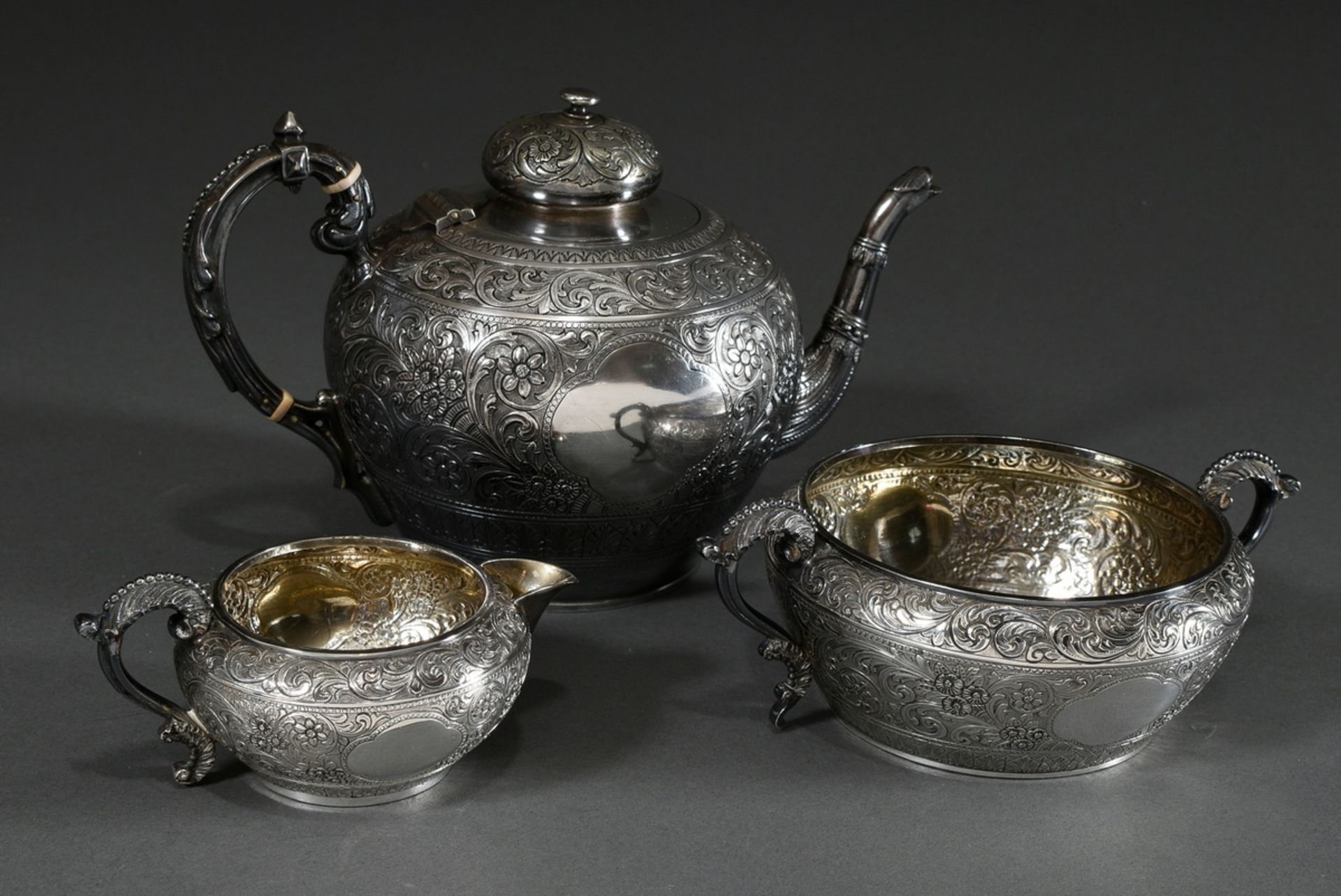 3 Pieces English tea set with rich floral-ornamental engraving after oriental model, Mappin & Webb/ - Image 2 of 10