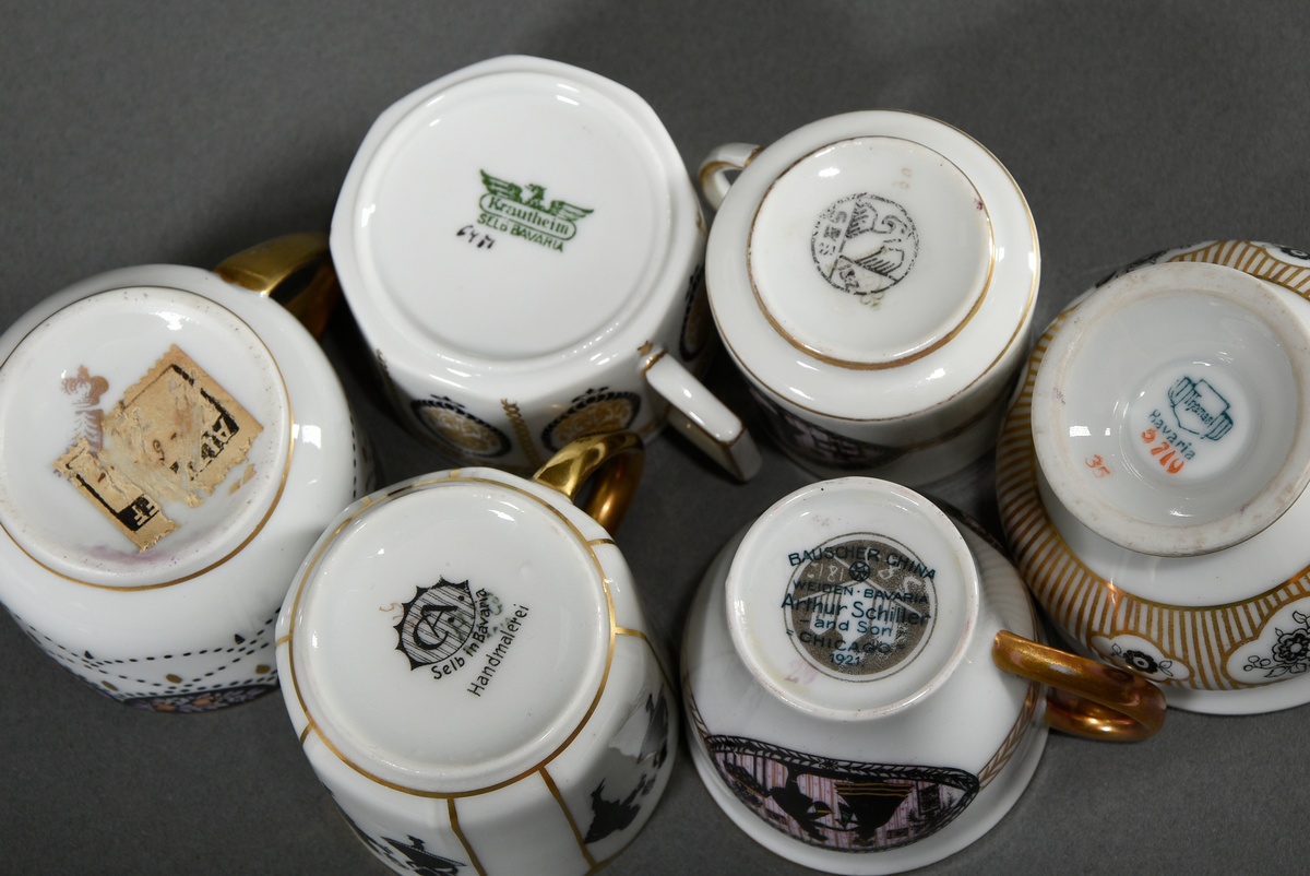 6 Various mocha cups/saucers with different floral and graphic decorations on white background, 3x - Image 3 of 4