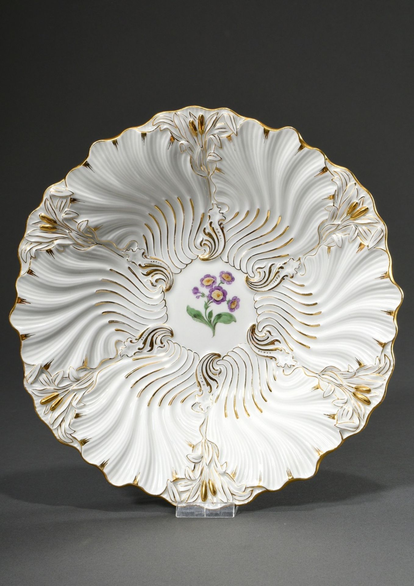 Meissen ceremonial bowl with gilded "bulrush and shell" relief and polychrome painted "primrose" in