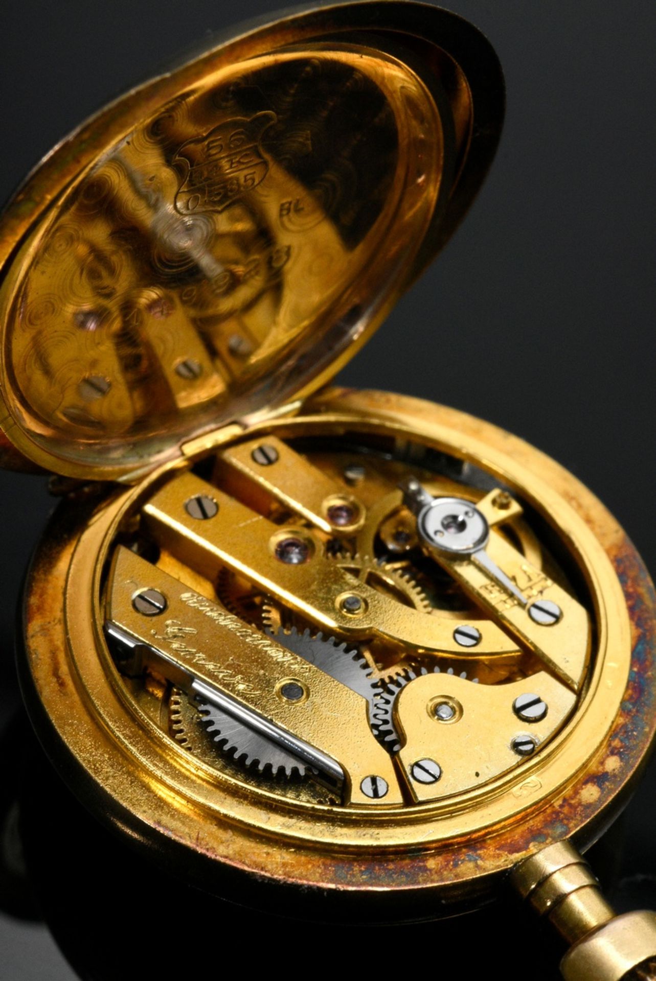 Drei-Deckel Gelbgold 585 Damen Savonette „Audemars Freres“, weißes Emaille Zifferblatt mit Minuten - Bild 9 aus 9