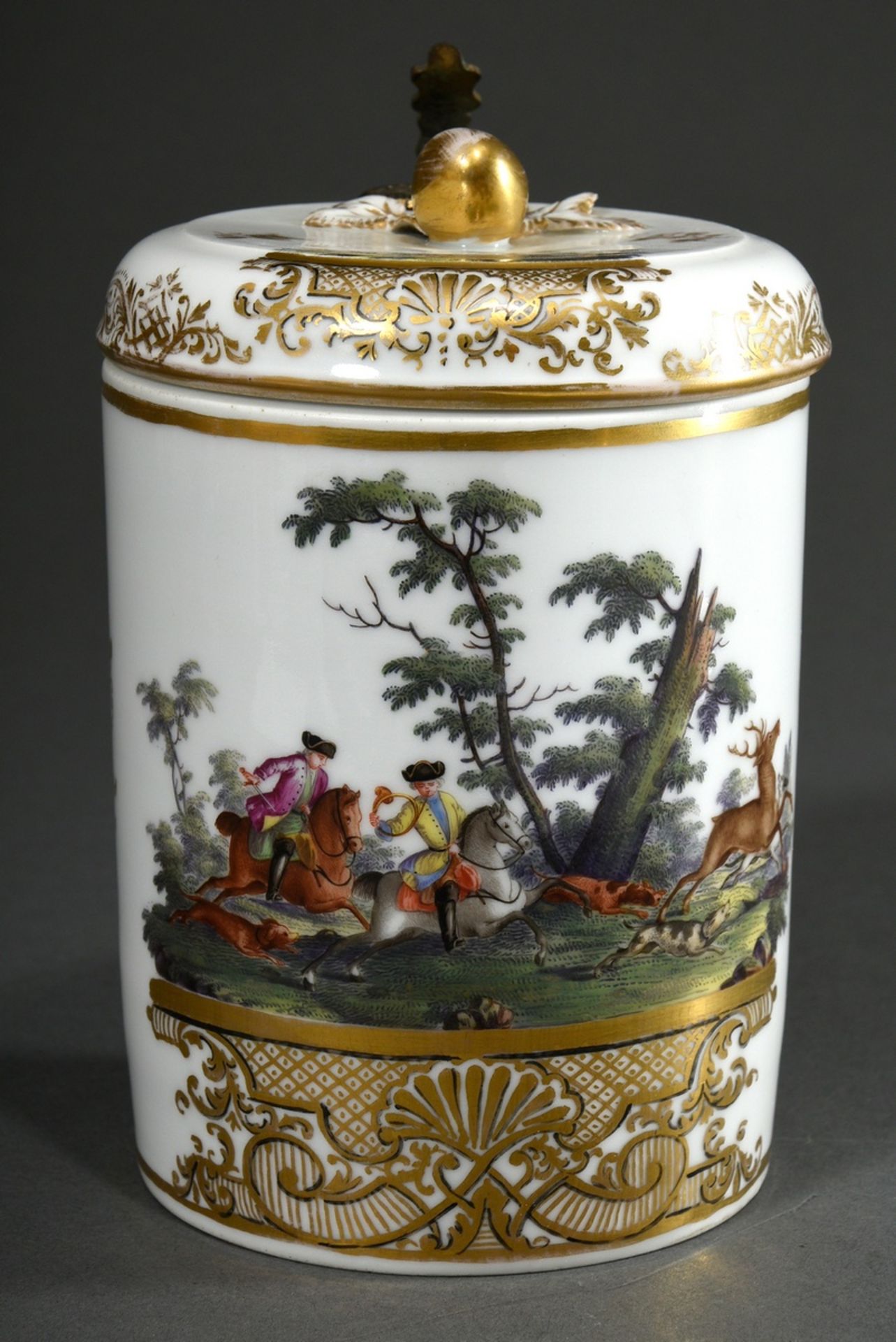 Porcelain cylindrical jug with polychrome scenes "Hirschhatz und Jäger" on the front and body as we
