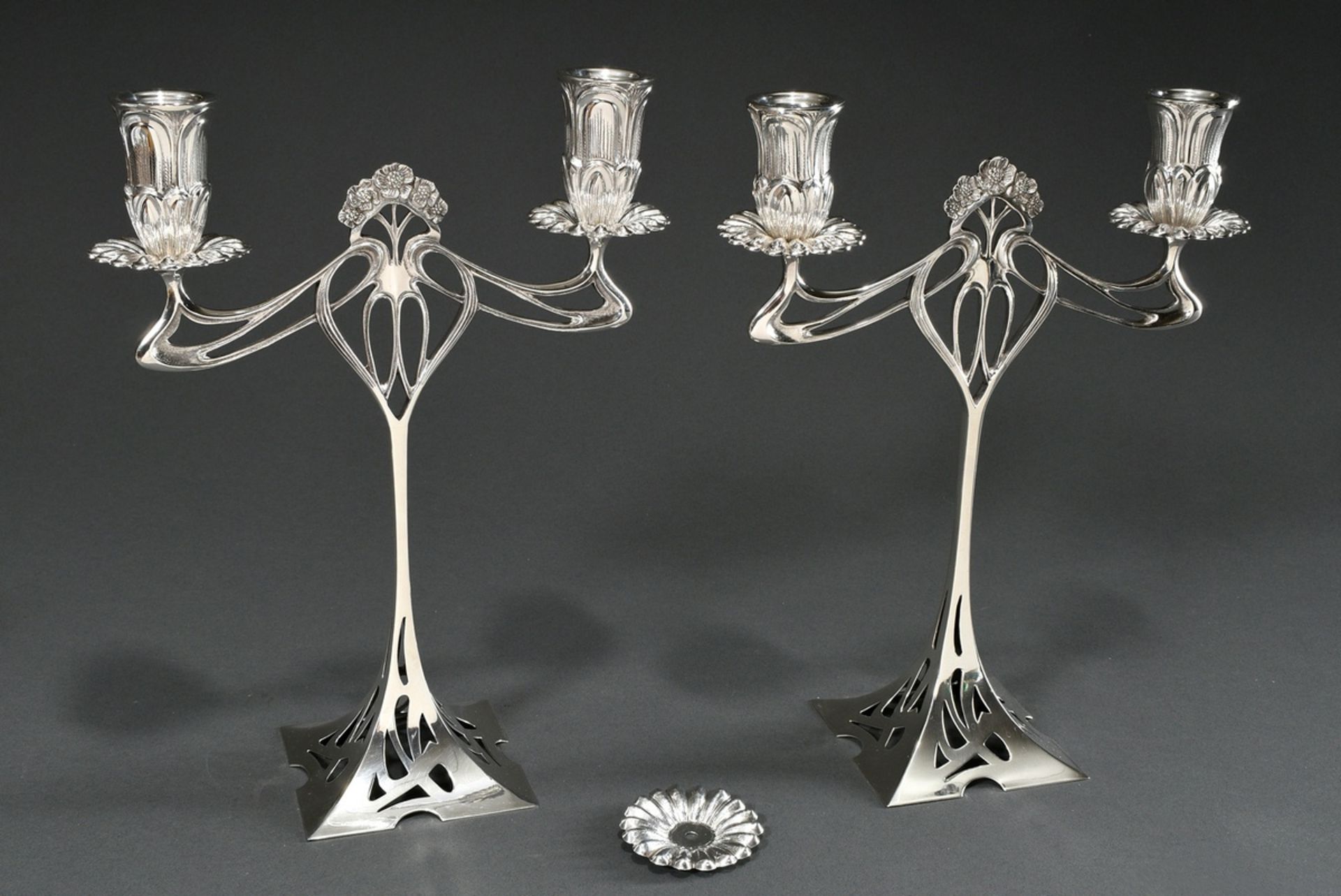 Pair of floral table girdles in art nouveau style with flower spouts and attachments after WMF desi - Image 3 of 4