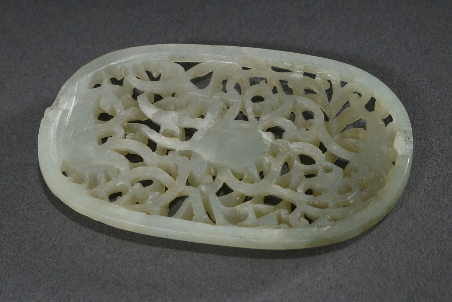 Elliptical celadonjade badge in Ming style "Carp in lotus pond" in very fine carving on two levels, - Image 2 of 7