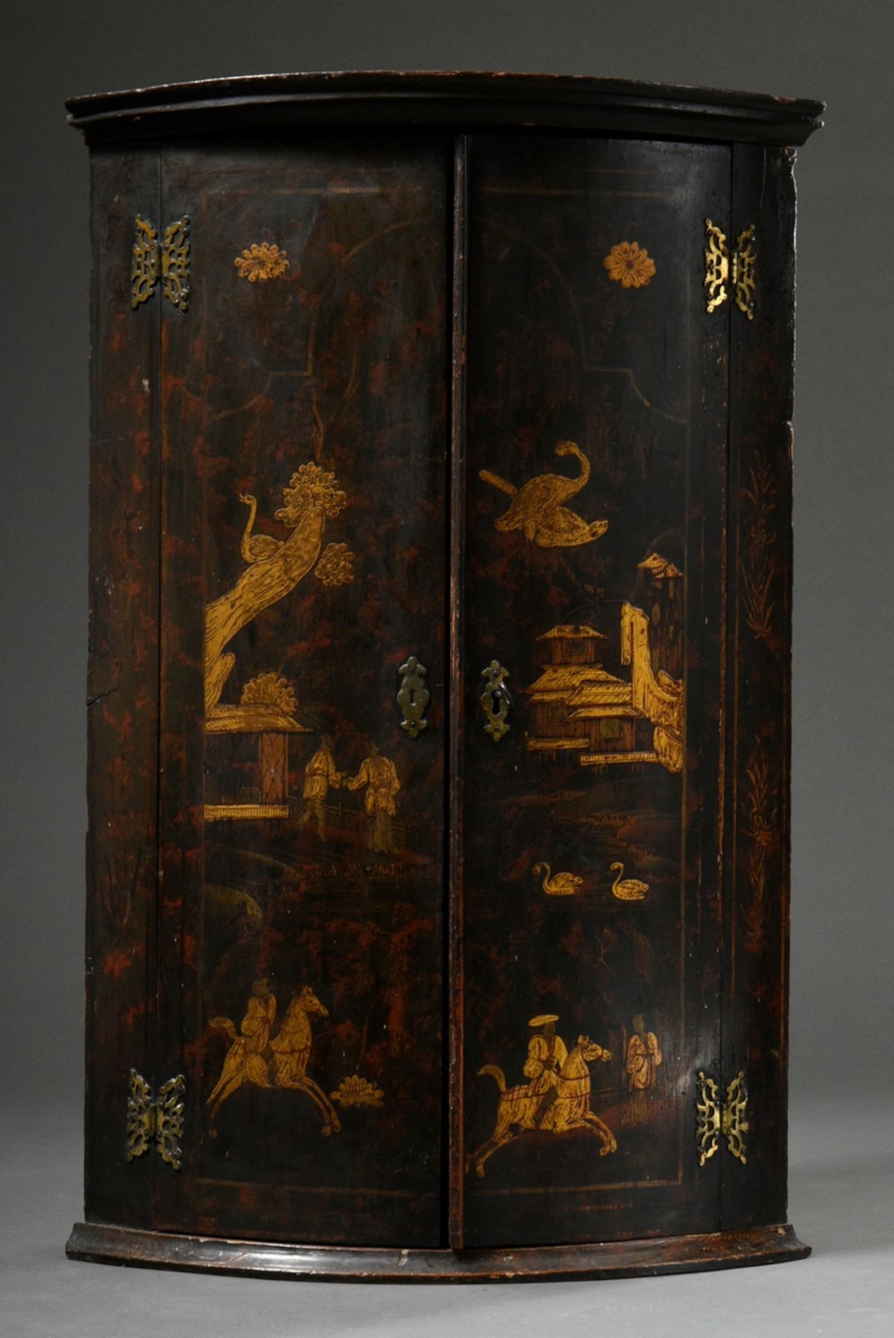 Oak corner hanging cupboard with chinoiserie lacquer painting "Landscape with riders, persons, bird