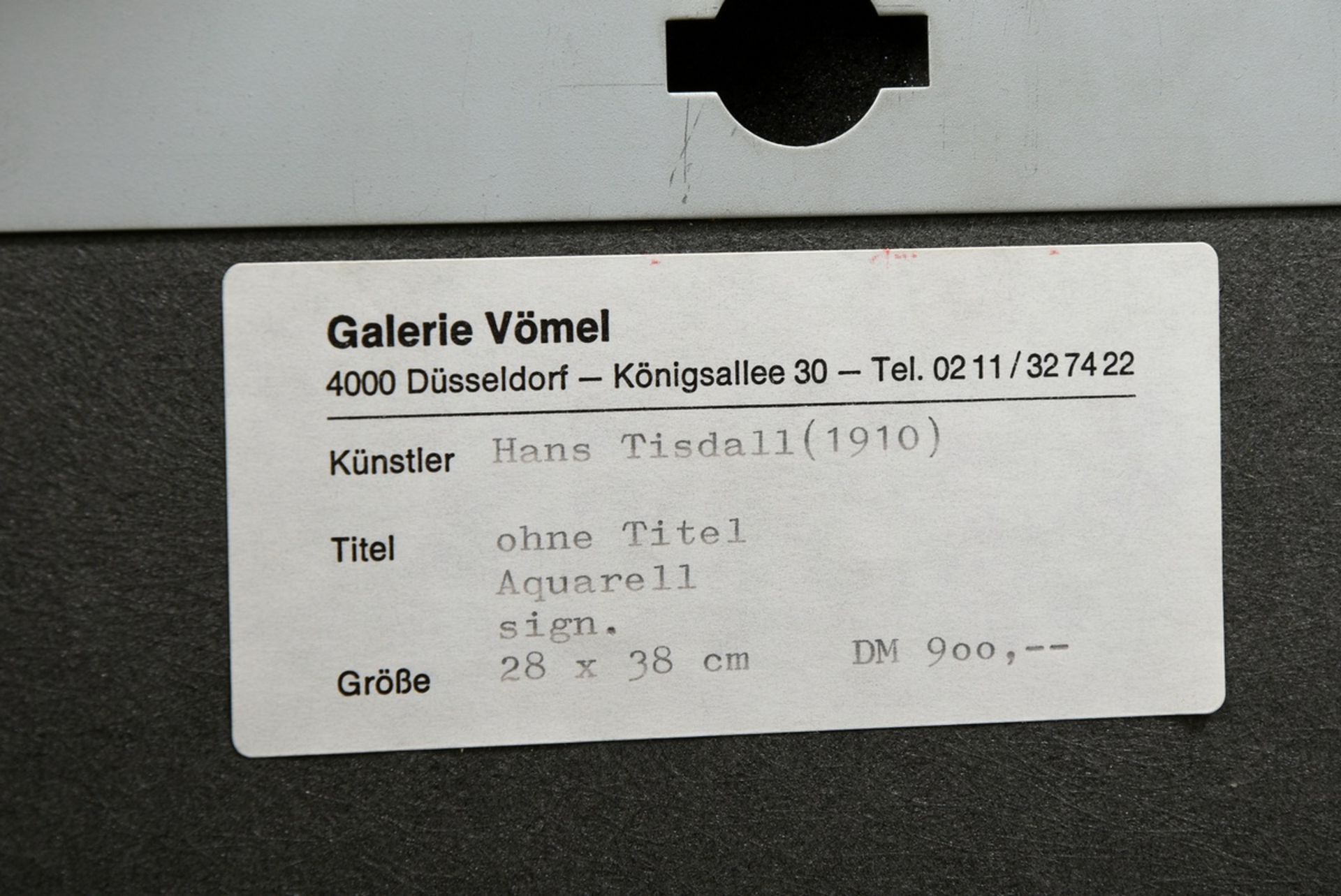 Tisdall, Hans (1910-1997) "w.t.", watercolour, b.r. sign., verso adhesive label "Galerie Vömel/Düss - Image 4 of 4