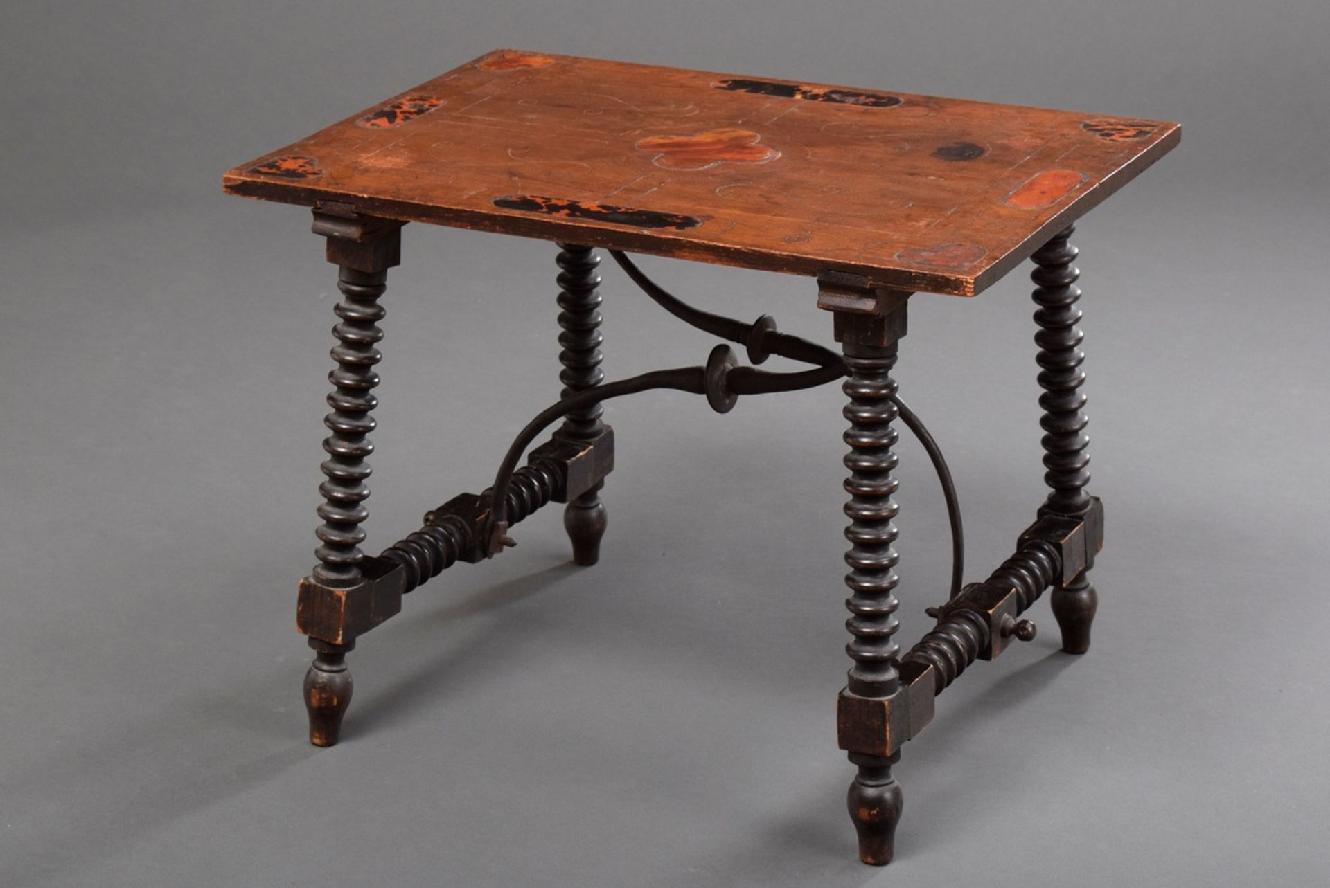 Spanish cabinet with tortoiseshell and brass inlays, walnut veneered on oak, on a table frame with  - Image 6 of 11