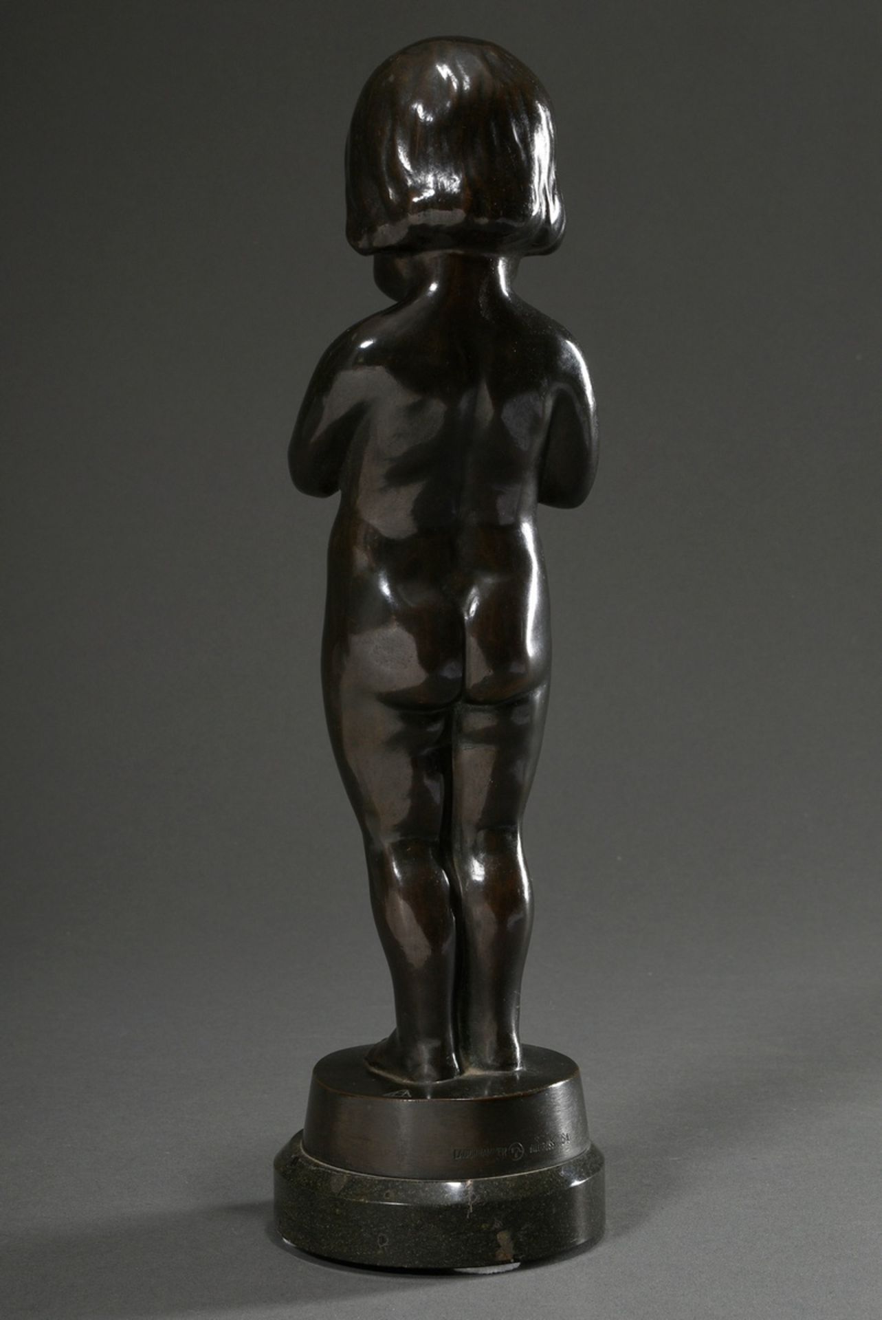 Bronze sculpture "Flute playing Putto" on marble base, c. 1910/20, dark patina, inscribed "Lauchham - Image 4 of 8